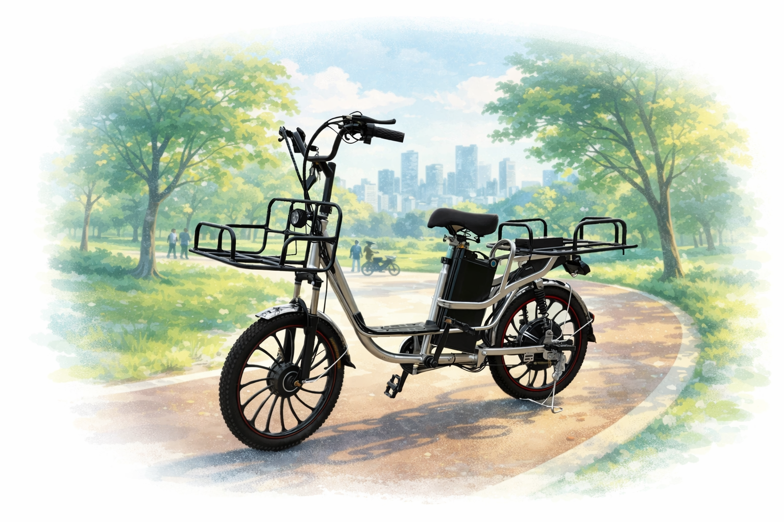 Vélo électrique avec panier à l'avant et à l'arrière, stationné sur un chemin dans un parc avec des arbres verts et des personnes en arrière-plan, avec une ville en skyline sous un ciel bleu.