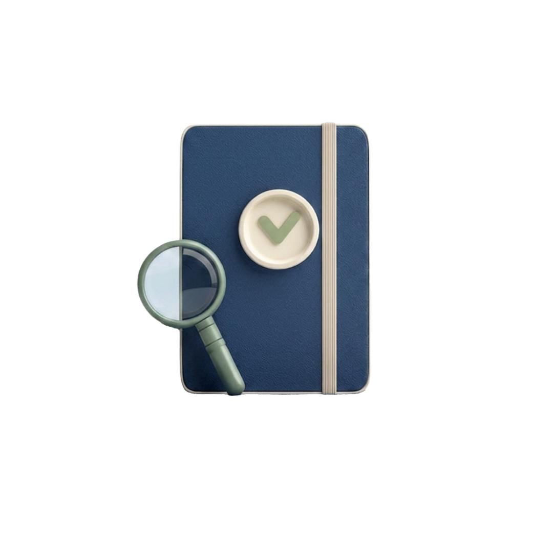 Un carnet bleu avec un élastique beige, une loupe et un icône de coche dans un cercle blanc sur la couverture.