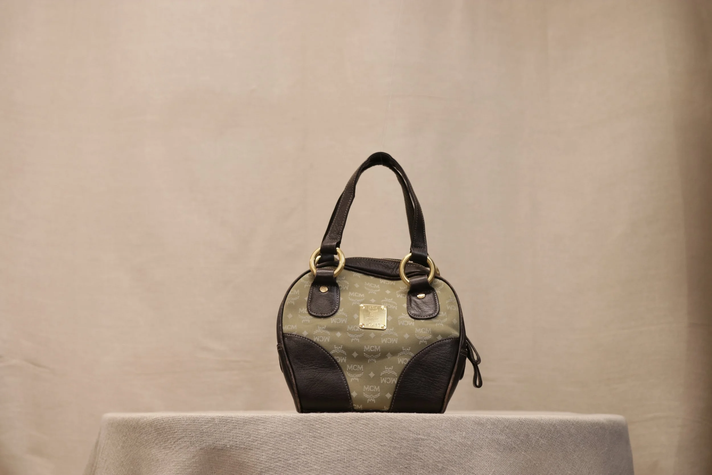 MCM Visetos Canvas Mini Satchel in Olive with Brown Leather Trim