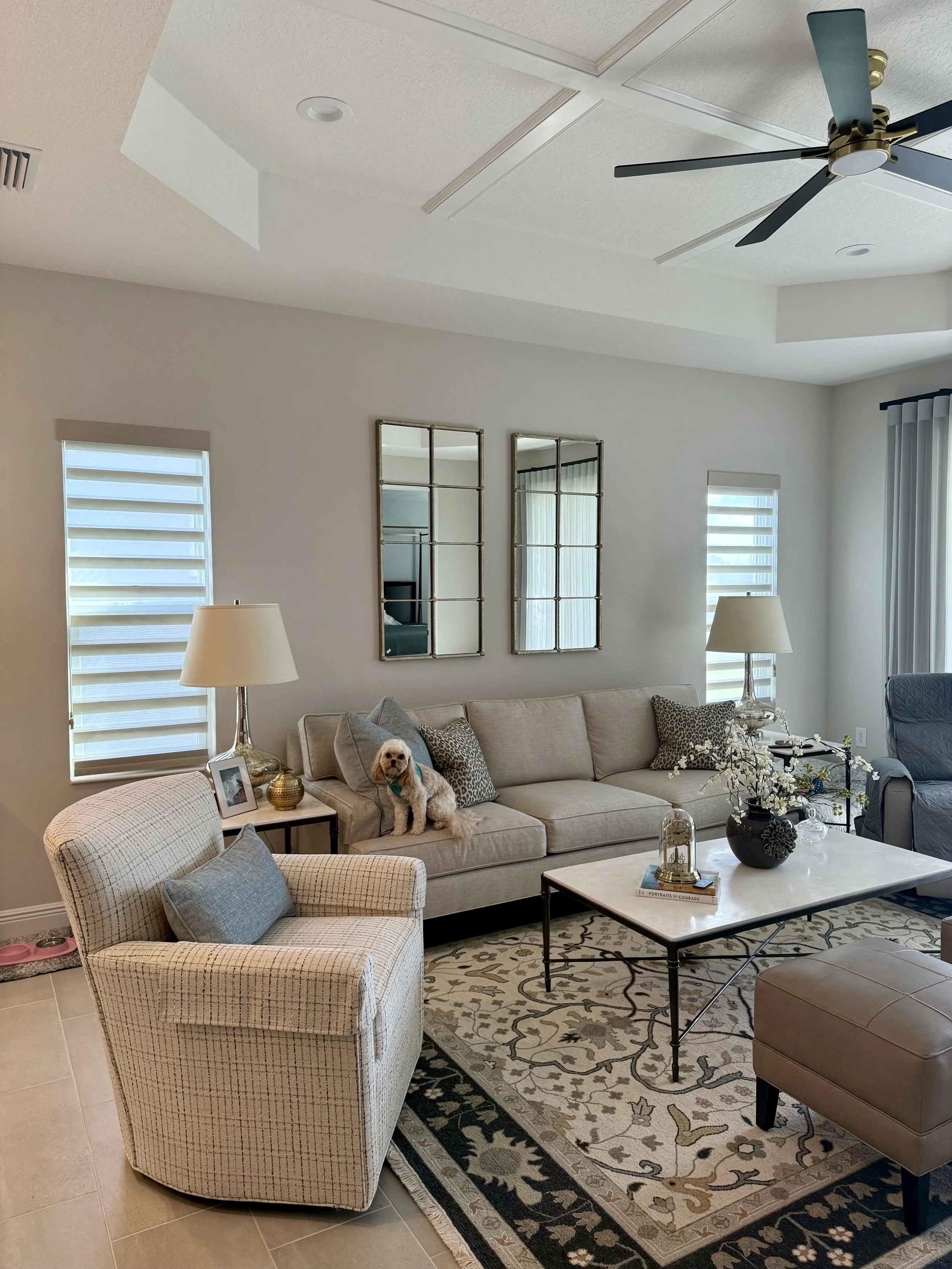 Living room with beige sofa, armchair, and patterned rug, dog sitting on sofa, walls with two mirrors, windows with shades, and a ceiling fan.