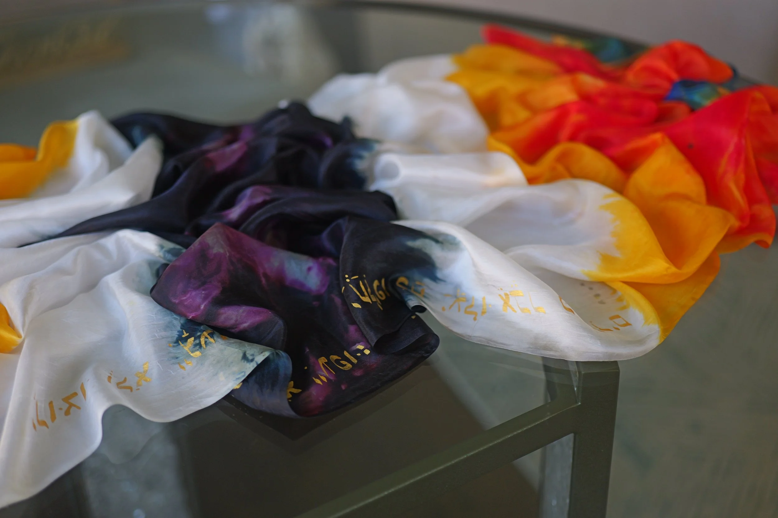 Prophetic silk worship veil, fire veil, prophetically hand dyed, prophetically made veils, prophetically made flags. Hebrew. Veils with Hebrew, Prayer mantle, prayer shawl, prophetically made mantle, prophetic mantle, prophetic veil, prophetic shawl,