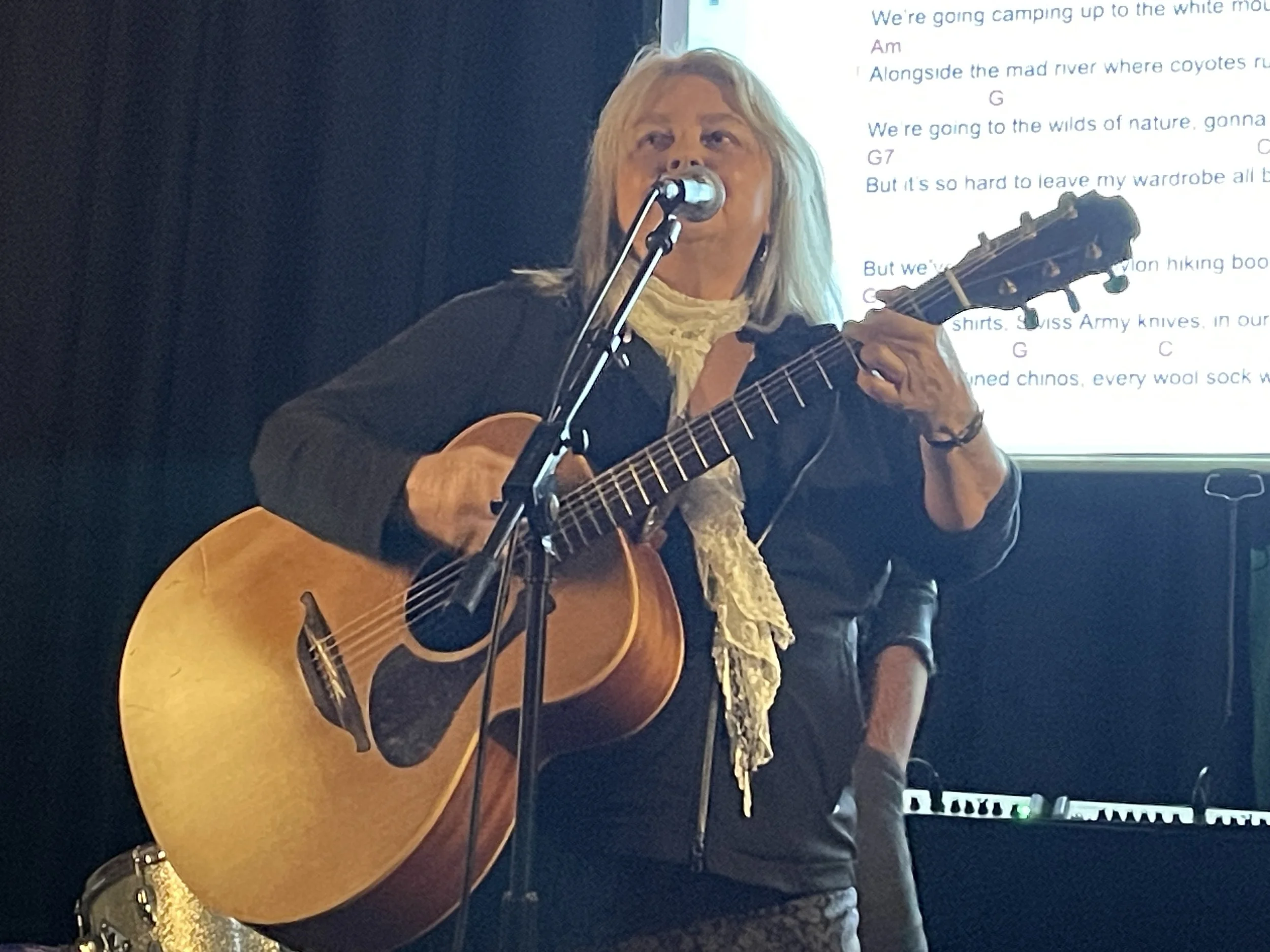 CD release party, with words to Camping on the screen for singing along.