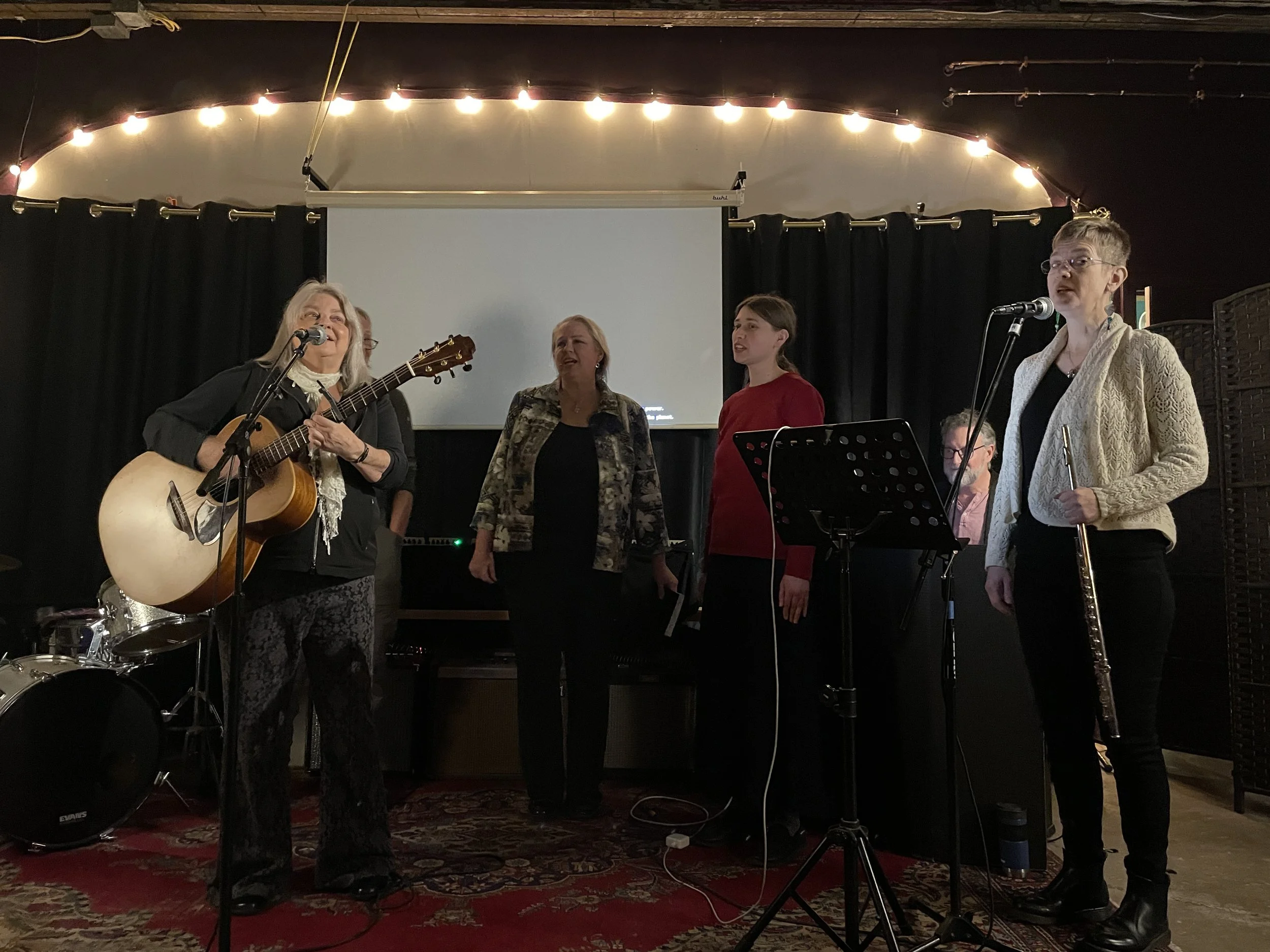 CD Release Party at 13 Queen, with back-up singers, Annie on vocals and flute, and Josh on piano.