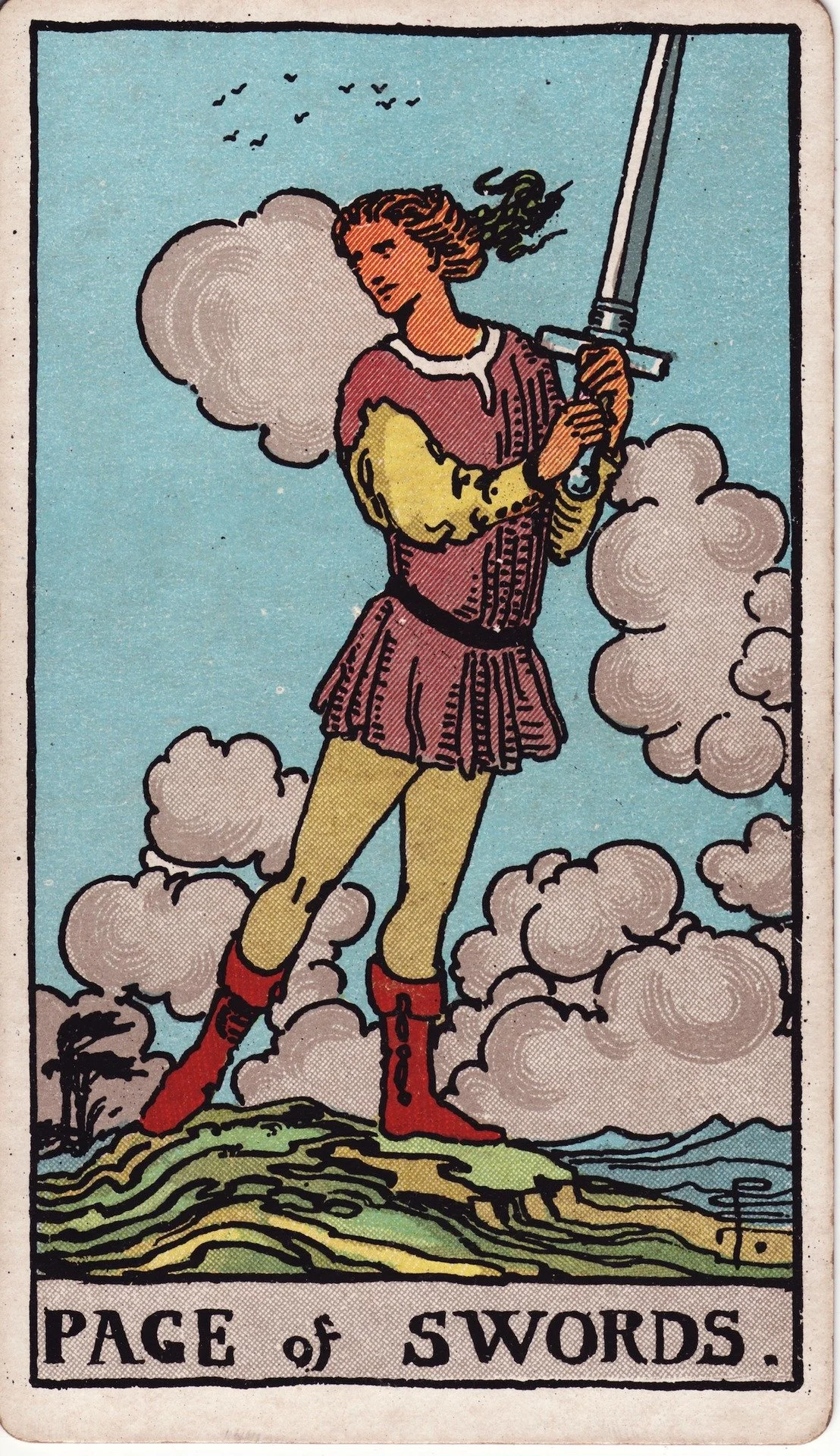 A tarot card titled 'Page of Swords' depicting a young woman with red hair holding a sword upright with both hands, standing on a grassy hill with clouds and birds in the sky.