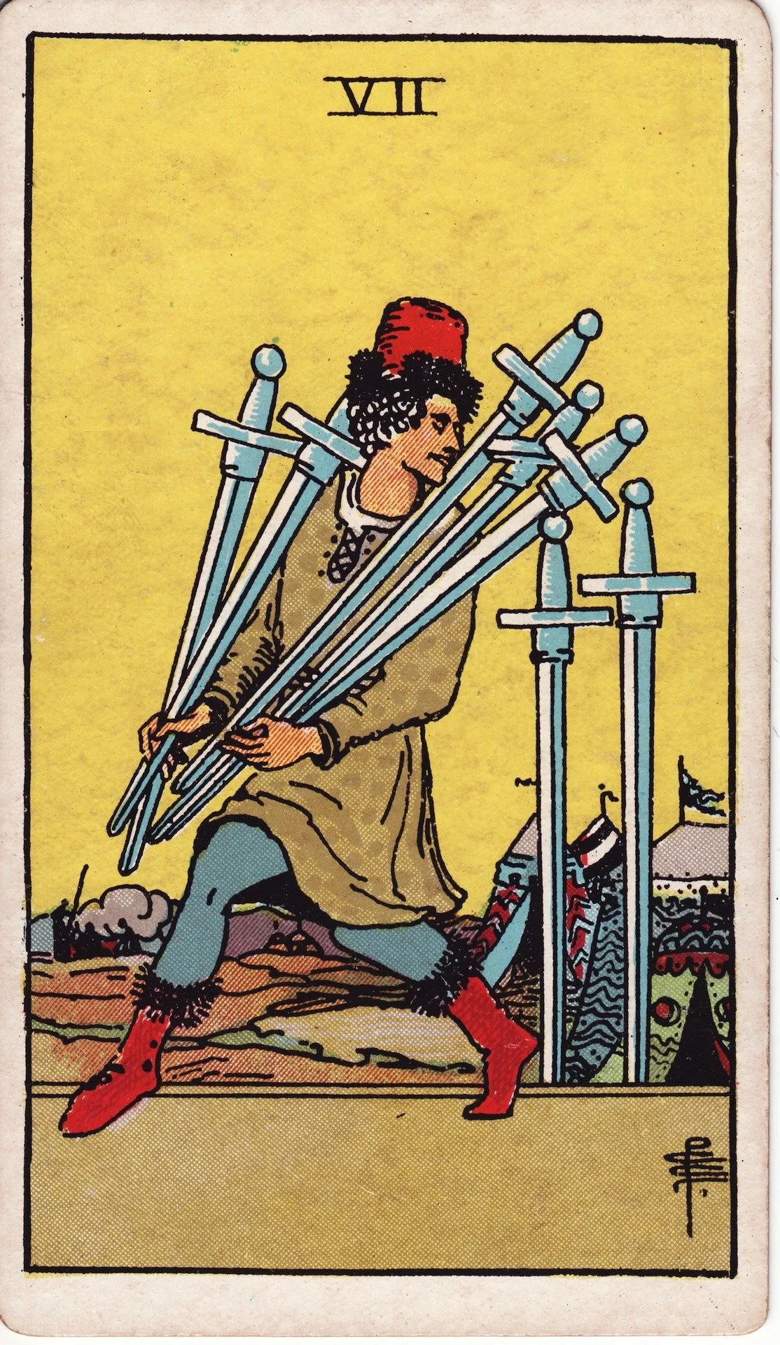 The Seven of Swords tarot card showing a man kneeling, carrying five swords and trying to steal two swords, with a background of tents and tents.