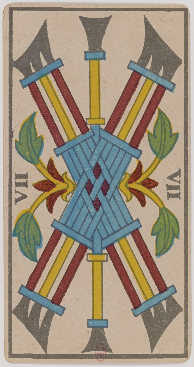 A tarot card featuring four crossed swords, a blue sheath with red diamonds, green and yellow foliage, and Roman numerals VII and II.
