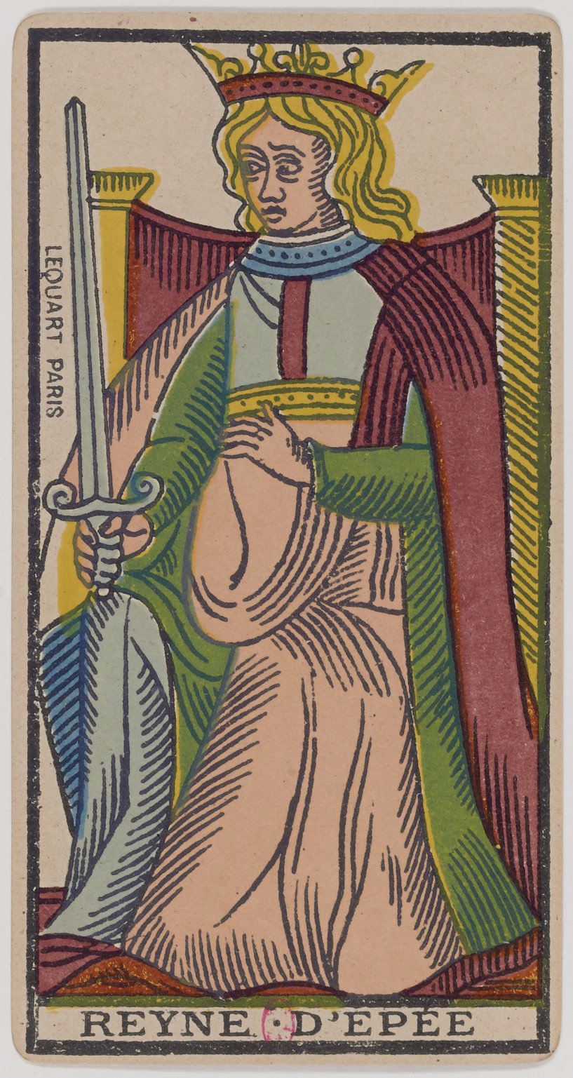 A vintage tarot card depicting the Queen of Wands, holding a sword, wearing a crown, with a confident expression, seated on a throne, with the label "Reyne D'Epee" at the bottom.