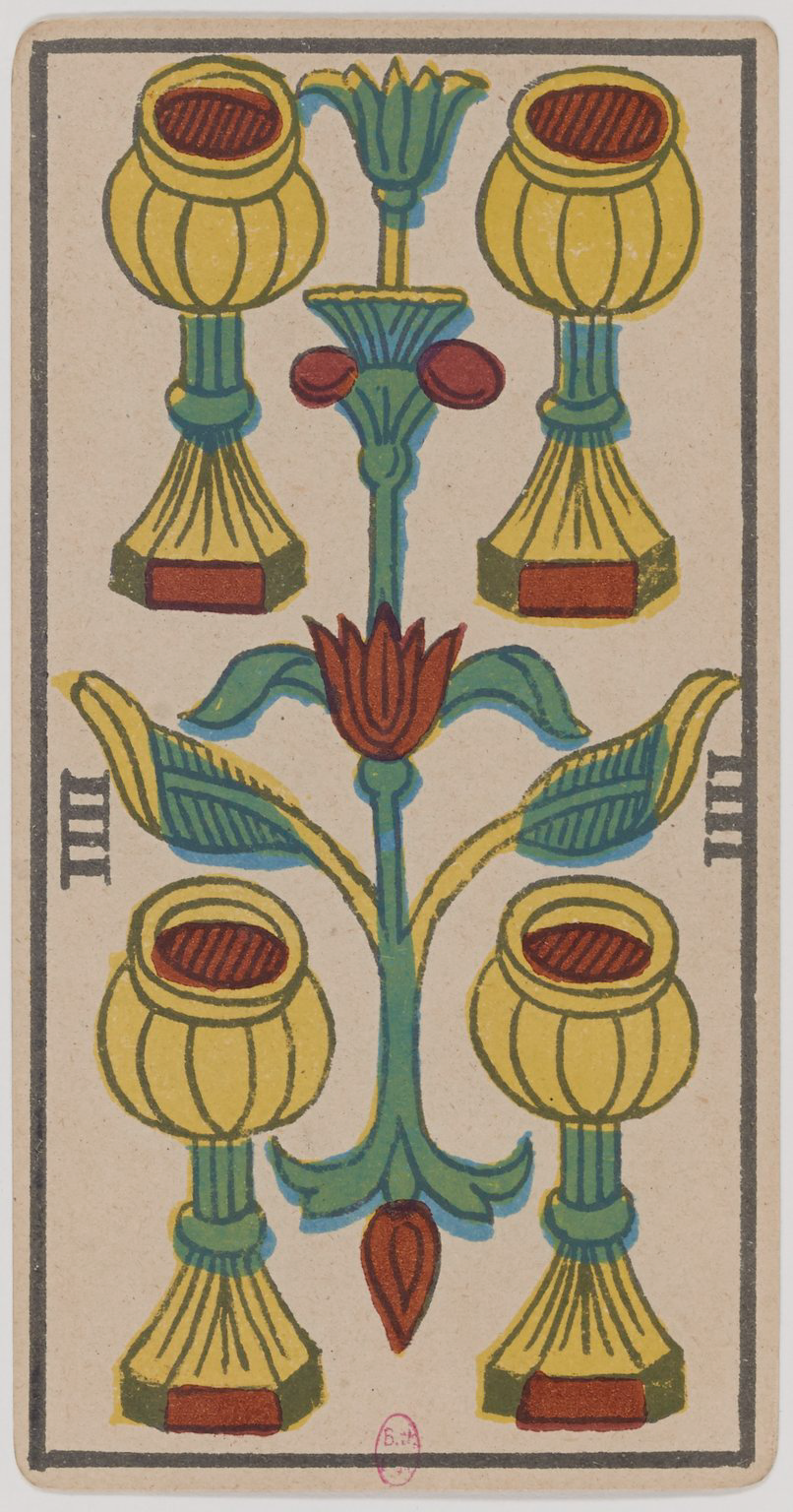 The image shows a symmetrical, decorative floral design with yellow, green, and red colors, resembling a stylized plant with four yellow lantern-like flowers, green leaves, and red accents, mirrored vertically.