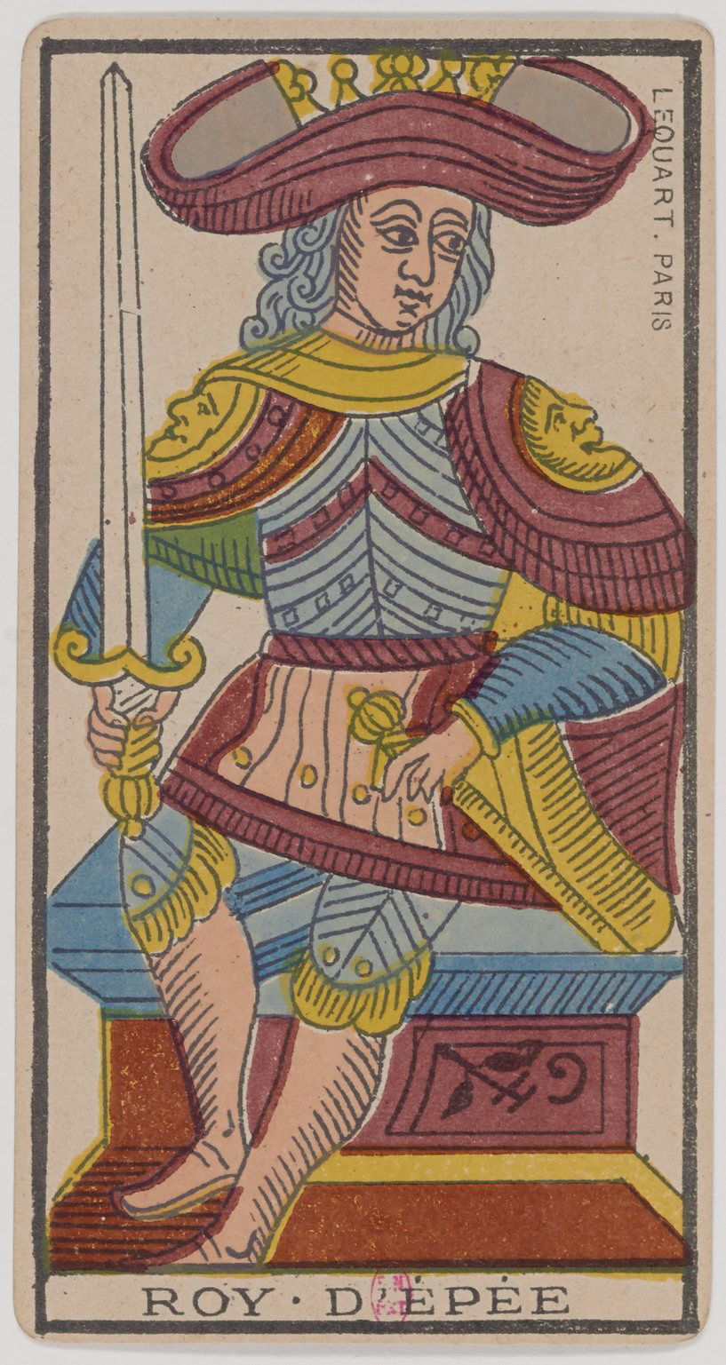 A vintage Tarot card depicting King D'ÉPÉE, a regal figure seated with a sword in his right hand, wearing a crown, armor, and a cape with detailed patterns, set against a simple background.