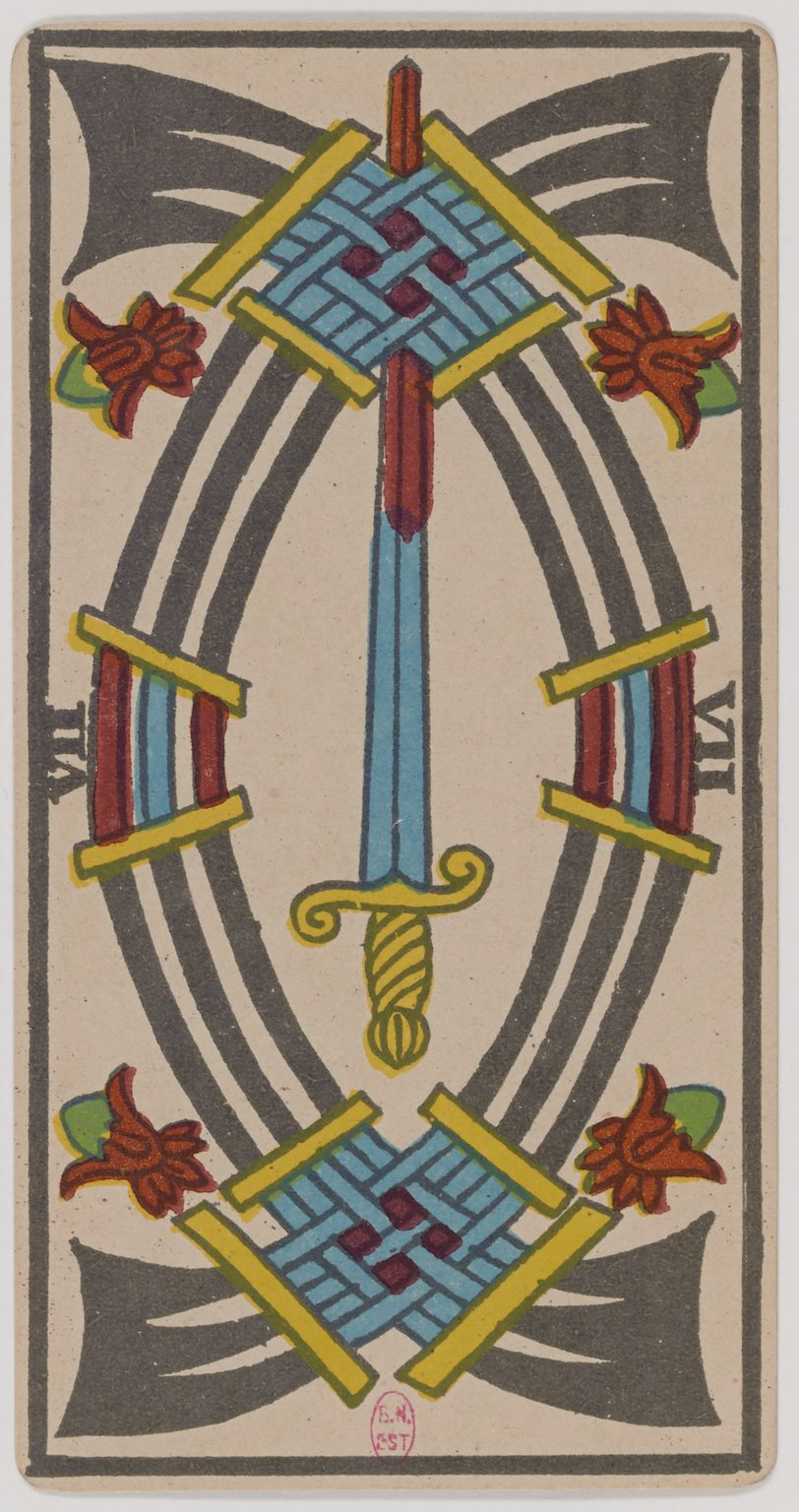 A tarot card featuring a double-edged sword, a clock face with Roman numerals, and stylized flames or flowers in each corner, in a symmetrical design.