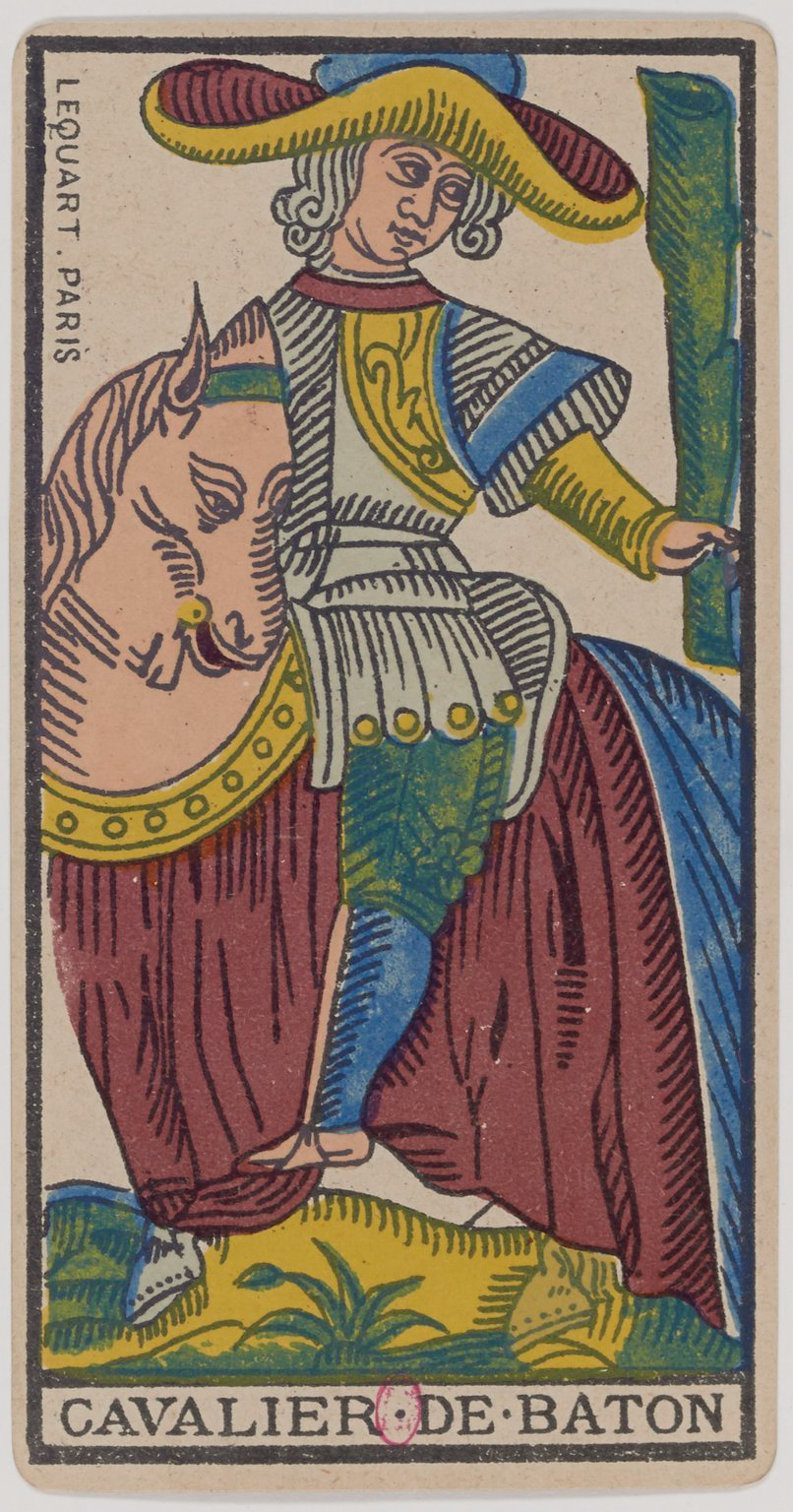 A traditional French tarot card depicting a cavalier riding a horse, dressed in colorful medieval attire, with the words "Cavalier de Baton" at the bottom.
