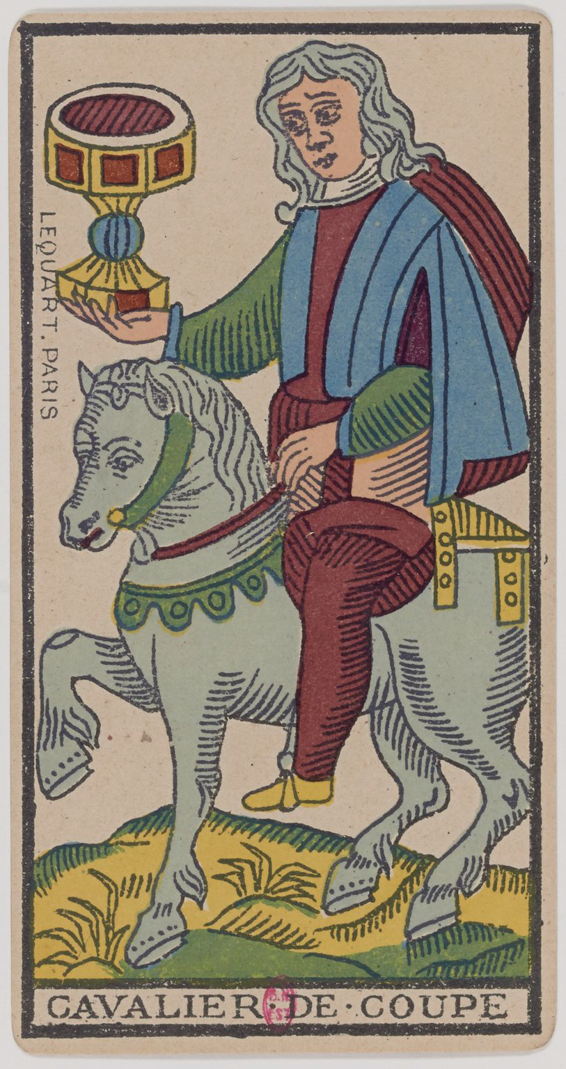 A medieval-style illustration of a knight on horseback holding a chalice. The knight is dressed in colorful clothing with a red and blue cloak, green sleeves, and yellow shoes. The horse is white with a decorative green harness. The scene is set on a grassy patch with a simple border.