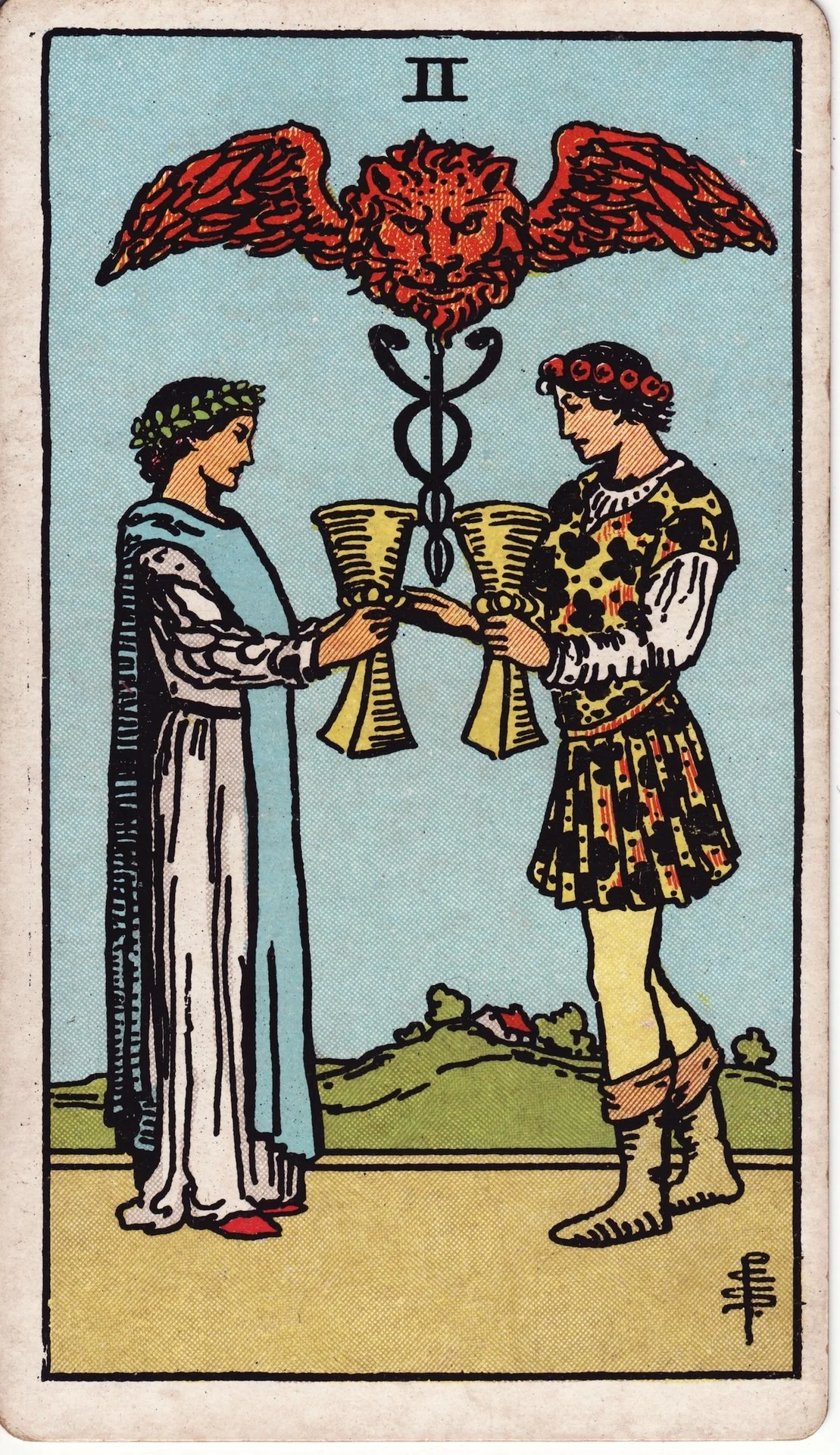 The Two of Cups tarot card showing two women exchanging cups, with a lion's head above and a caduceus symbol.