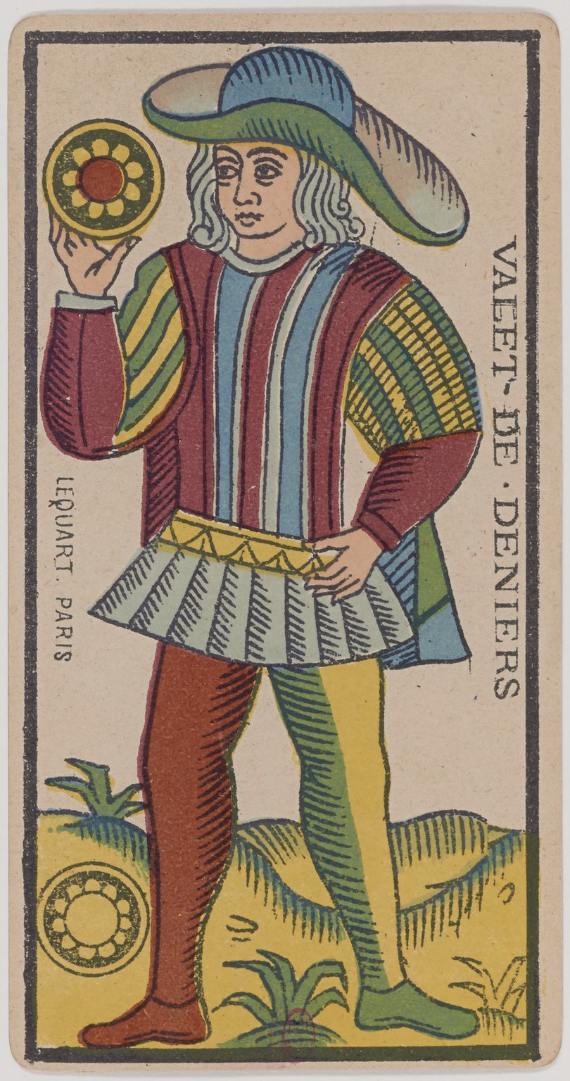Vintage tarot card depicting a figure wearing a colorful outfit and a wide-brimmed hat, holding a circular object with a floral pattern, standing on a grassy area with small plants.