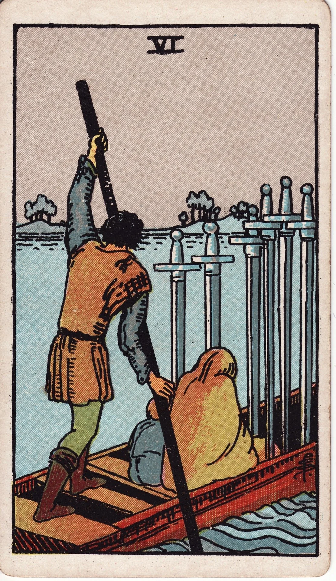 A tarot card depicting a person on a boat with nine swords standing upright, and one sword pointing downward, in a stormy sea.