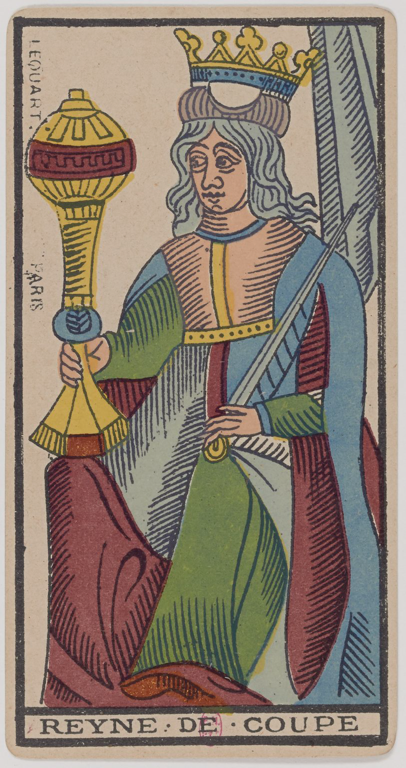 A vintage illustration of a queen figure wearing a crown, holding a scepter, and dressed in colorful robes. The card is labeled "Reyne de Coupe."