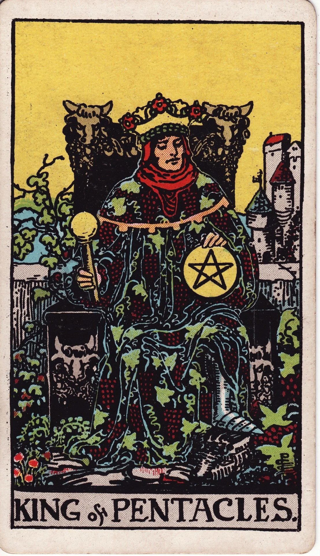 A tarot card titled 'King of Pentacles' depicting a seated man with a crown holding a scepter in his right hand and a pentacle in his left hand, with castles and greenery in the background.