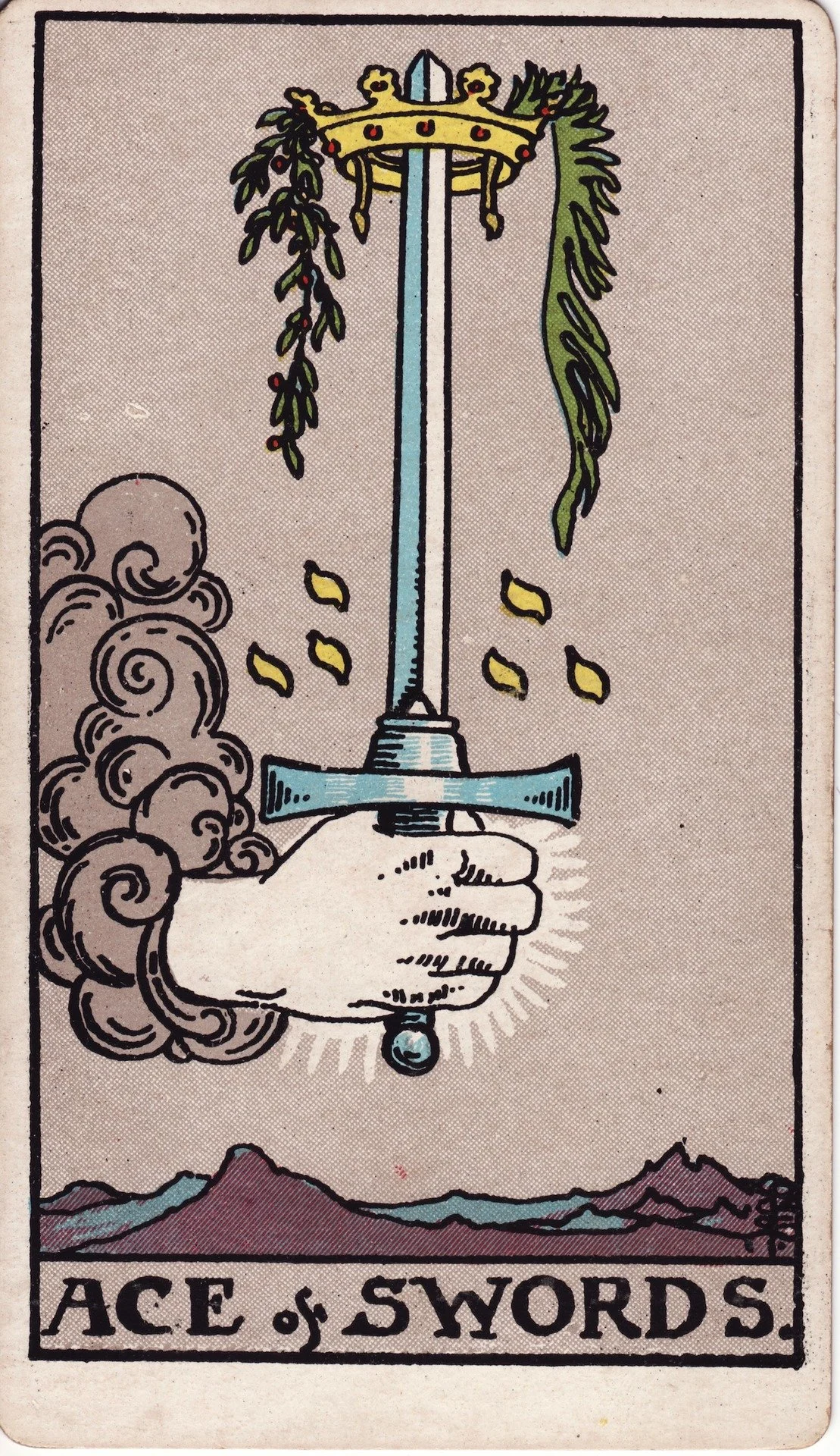 The ACE of SWORDS tarot card, showing a hand holding a sword upright with a crown above on the sword's hilt, mountains in the background, and the card's name at the bottom.