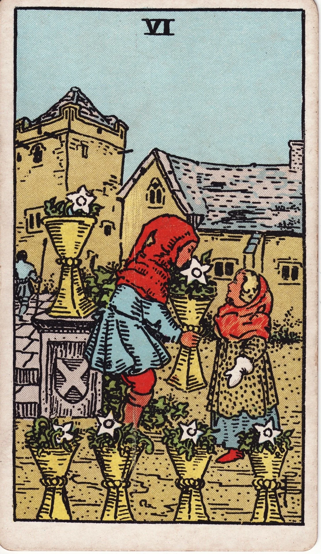 A King of Cups tarot card showing a figure offering a cup to a woman in a courtyard with flowers and a castle in the background.