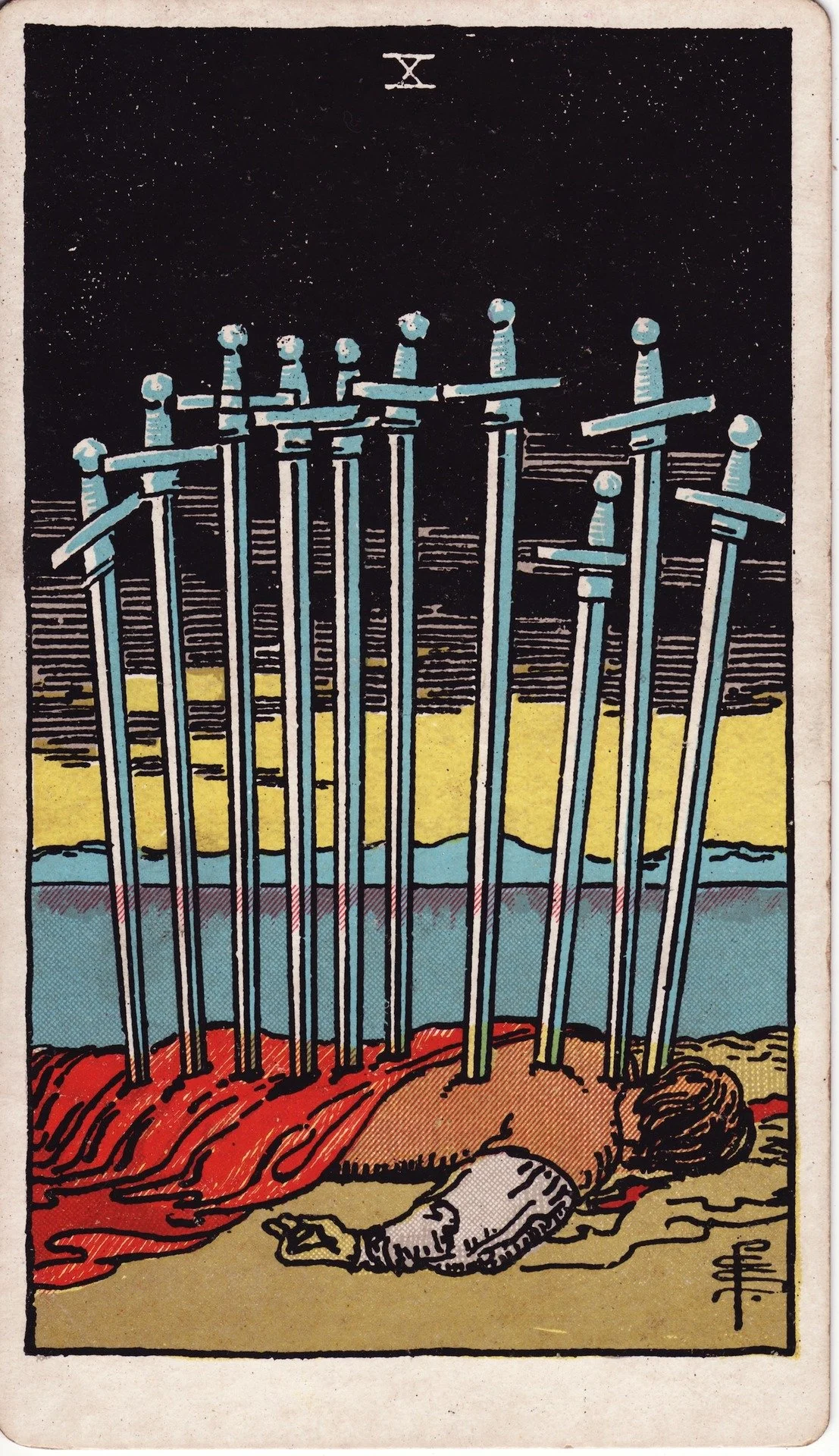 The Ten of Swords tarot card showing a person lying face down with ten swords piercing their back, set against a landscape background.