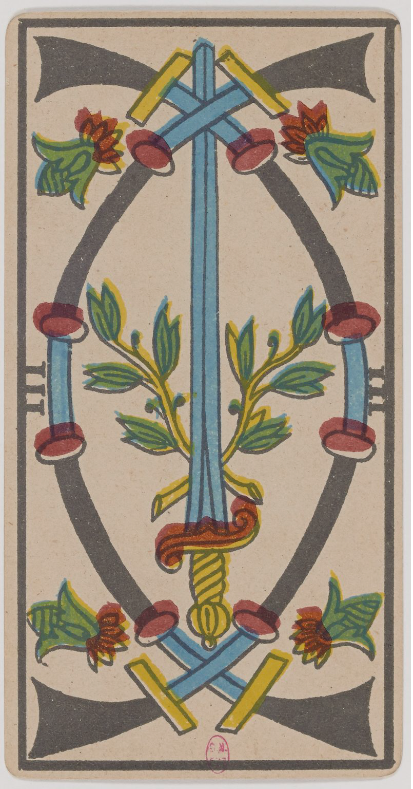 A symmetrical tarot card design featuring a sword surrounded by floral and leaf motifs, with geometric details and a black border.