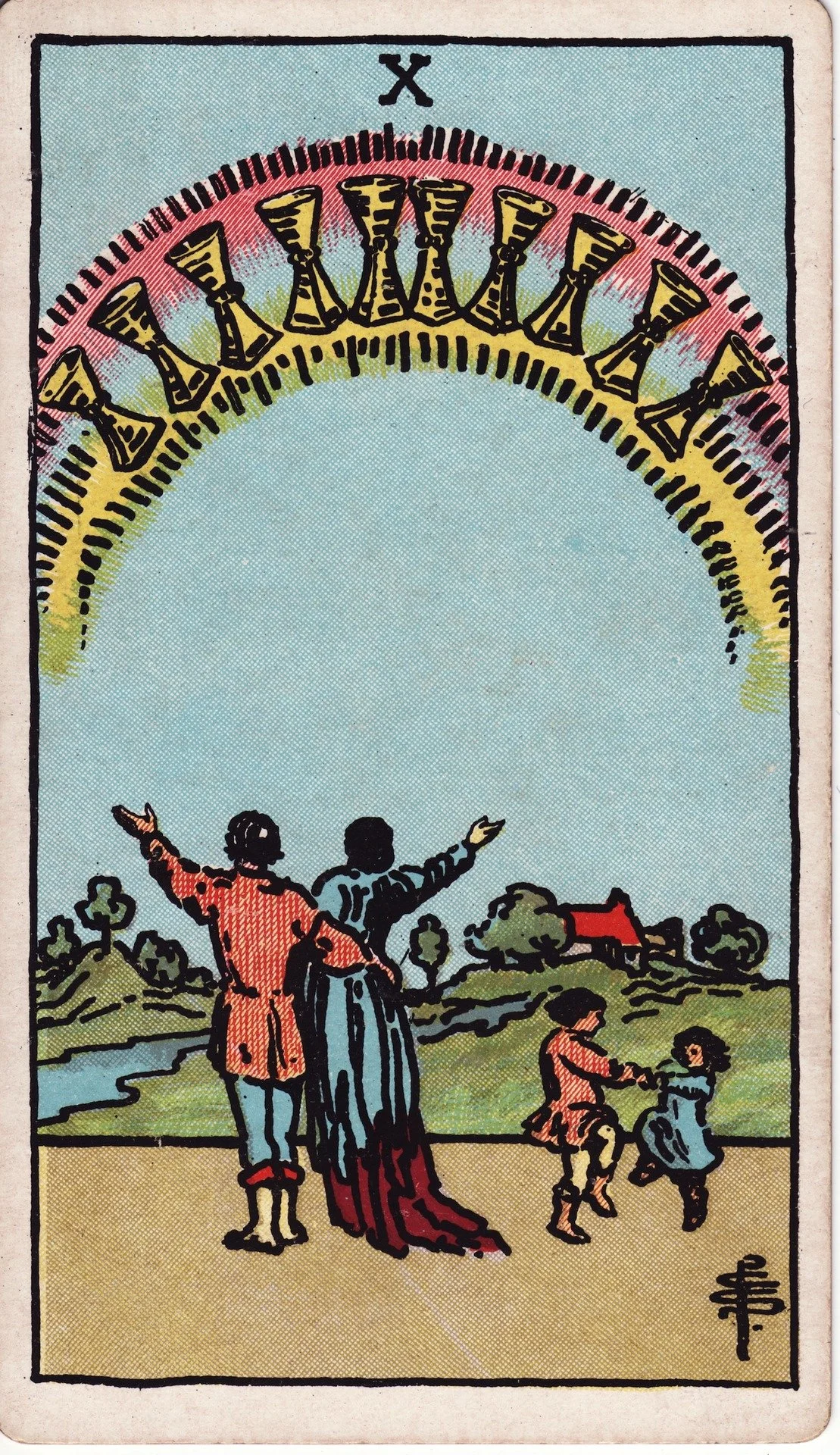 A tarot card titled 'The Lovers' showing a man and woman in love, with two children dancing near them, and a rainbow with ten chalices above.