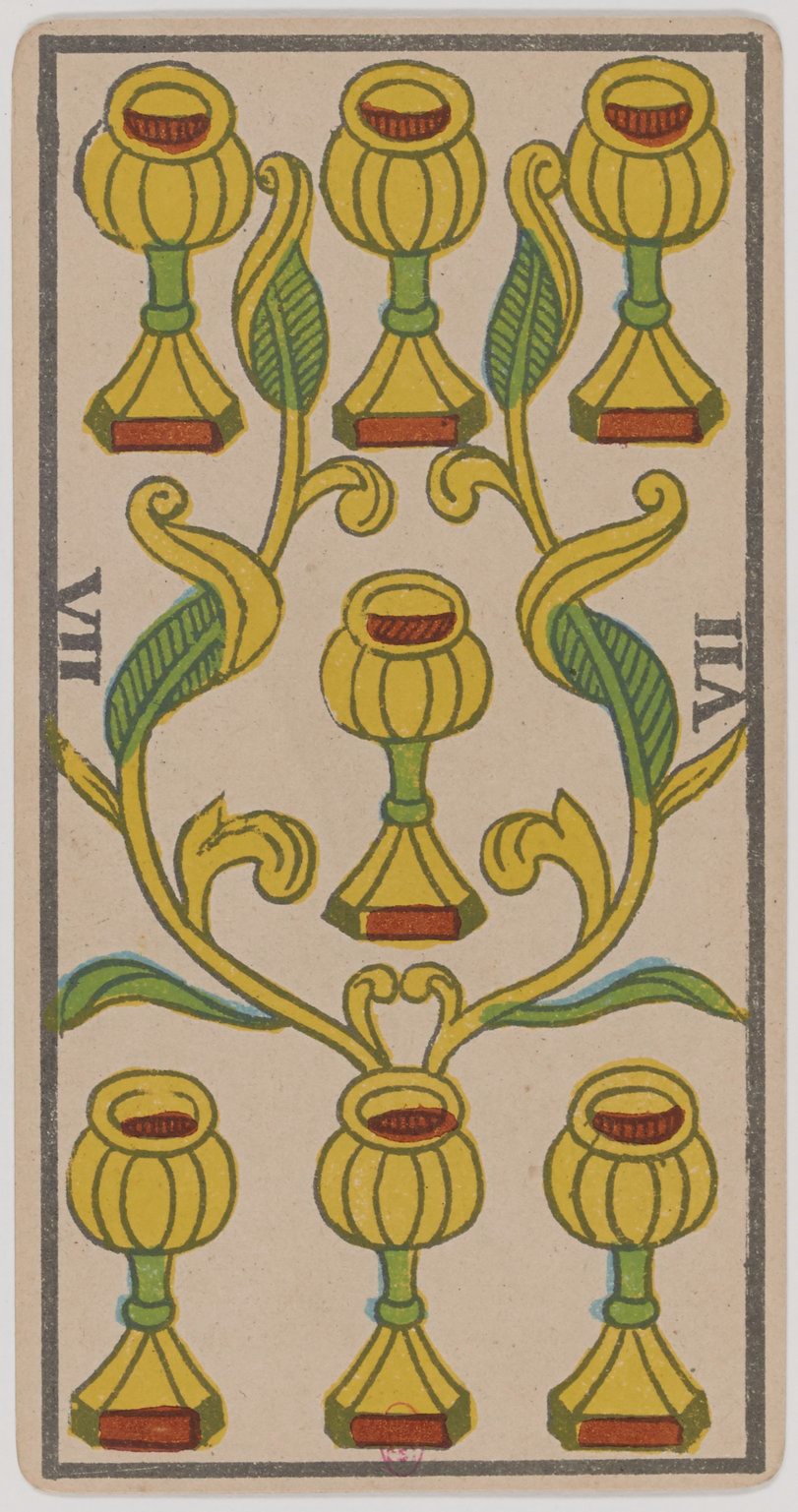 A Tarot card illustration of seven candlesticks with yellow flames and green leaves, arranged with three at the top, three at the bottom, and one in the center, on a beige background.
