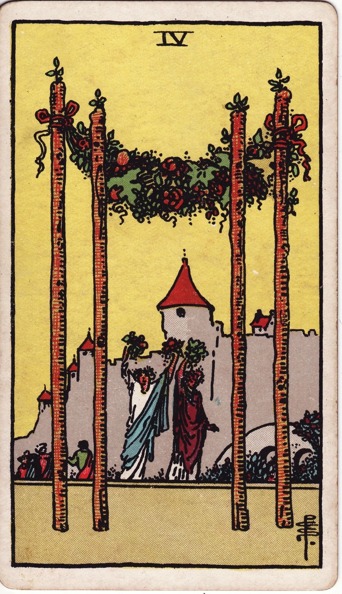 The Four of Wands tarot card showing a structure with a red roof, four upright swords, and a floral garland overhead, with people walking in the background.