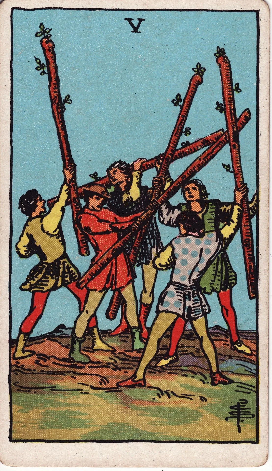 Five people fighting with wooden sticks, engaged in a game of stick fighting.