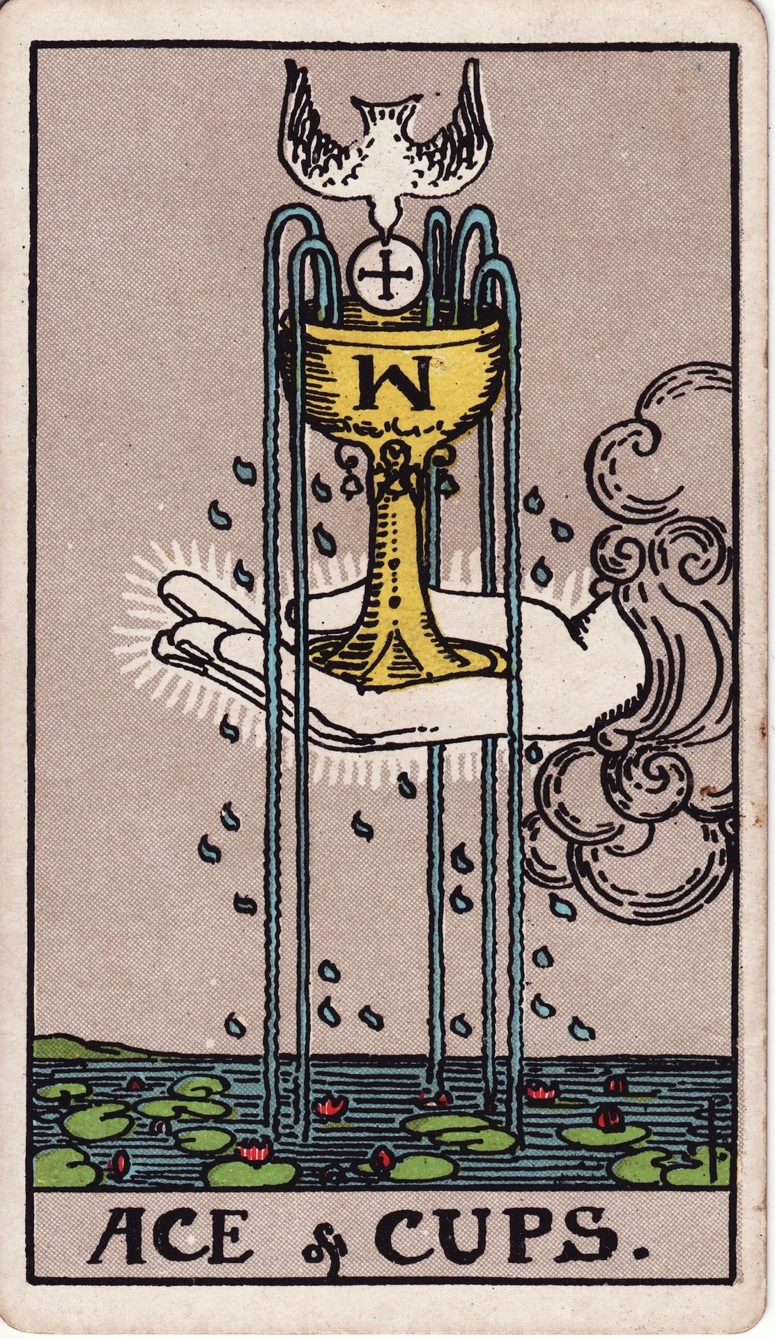 The Ace of Cups tarot card showing a hand emerging from clouds holding a chalice overflowing with water, with water lilies at the bottom and a dove above the chalice, and the letter 'W' on the cup.