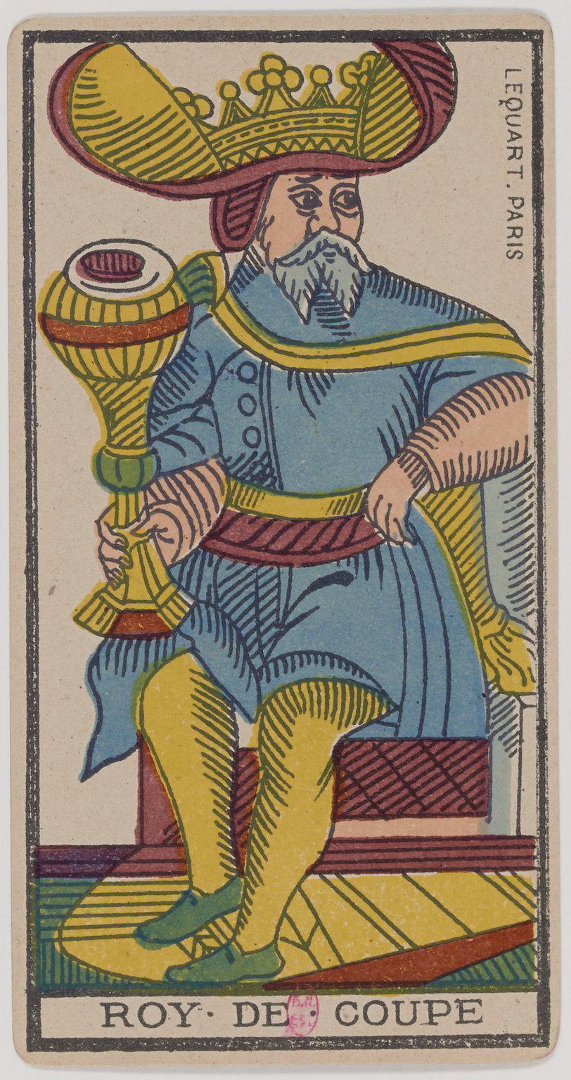 A vintage French playing card featuring King Louis XIV, titled 'Roy. de Couper' with a crown, scepter, and elaborate clothing.