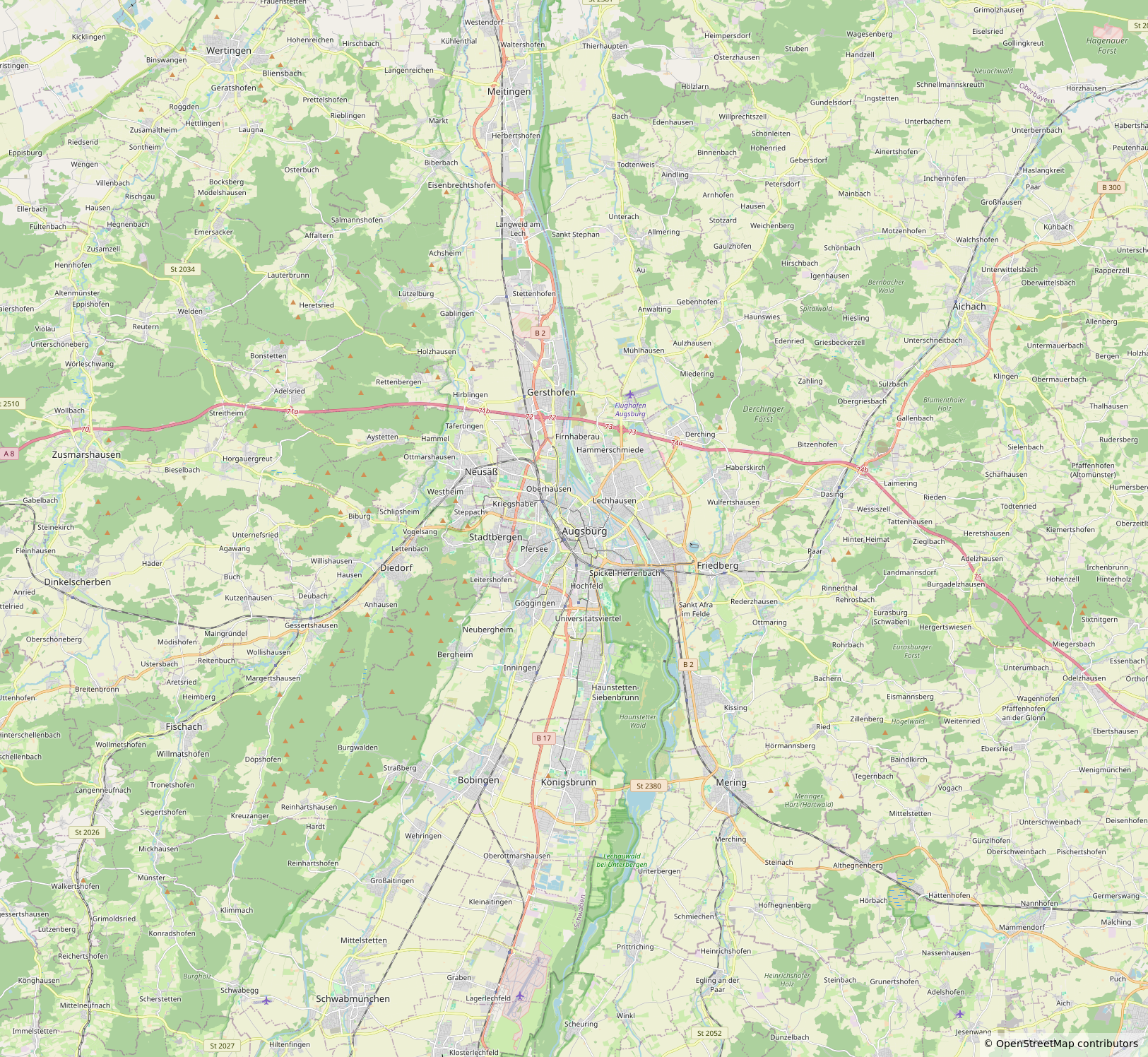 A detailed map of Augsburg, Germany, showing city streets, surrounding rural areas, parks, and major roads.