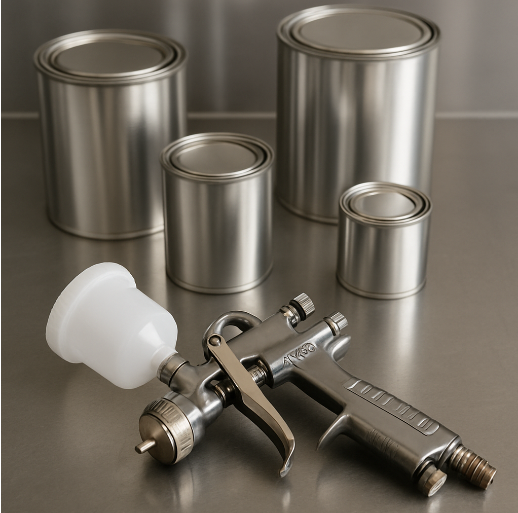A spray gun in front of five empty metal cans of varying sizes on a gray surface.