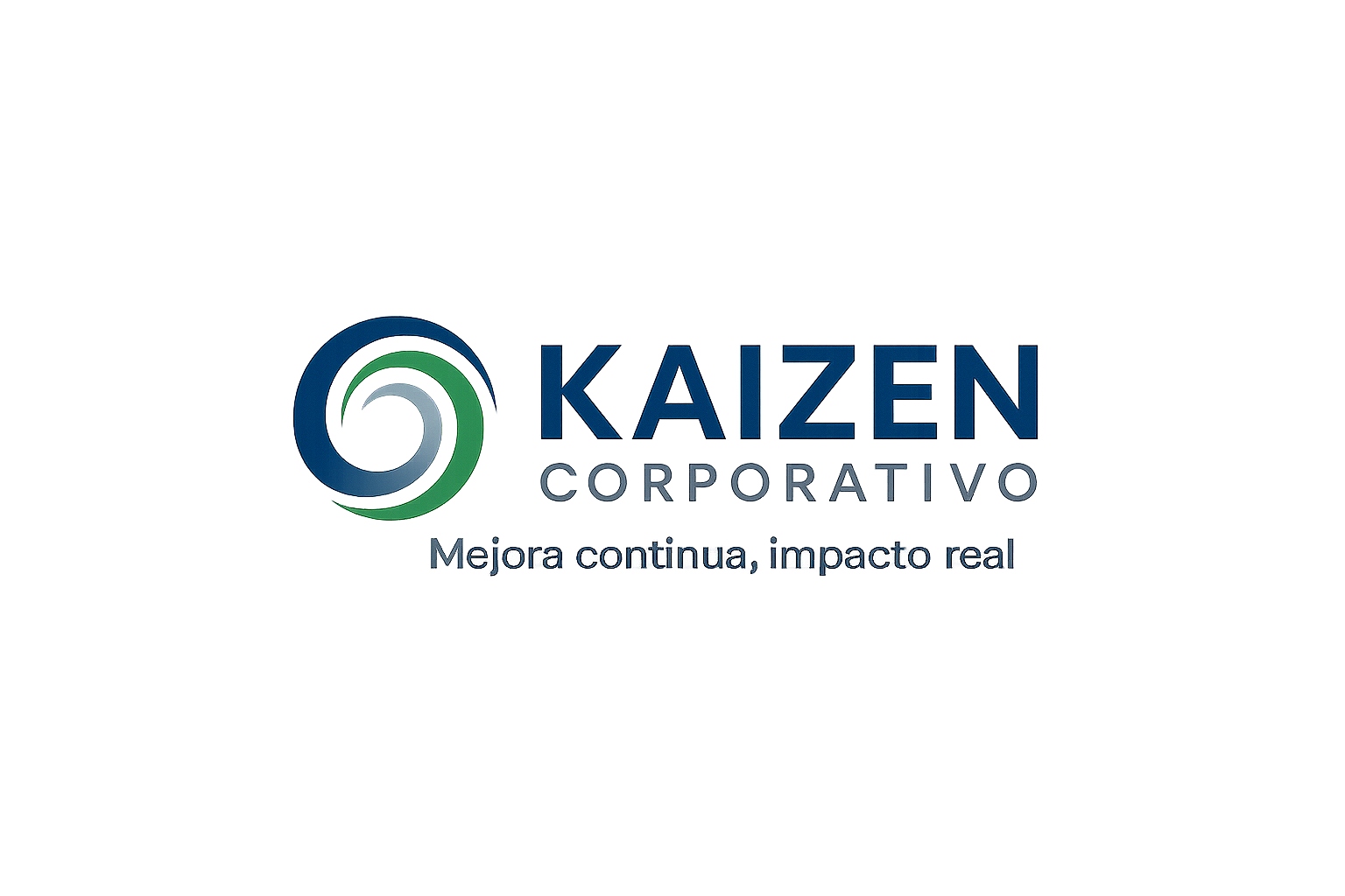 Logotipo de Kaizen Corporativo con eslogan 'Mejora continua, impacto real' en letras azules y gris, fondo blanco y azul, incluyendo un gráfico circular en azul y verde.