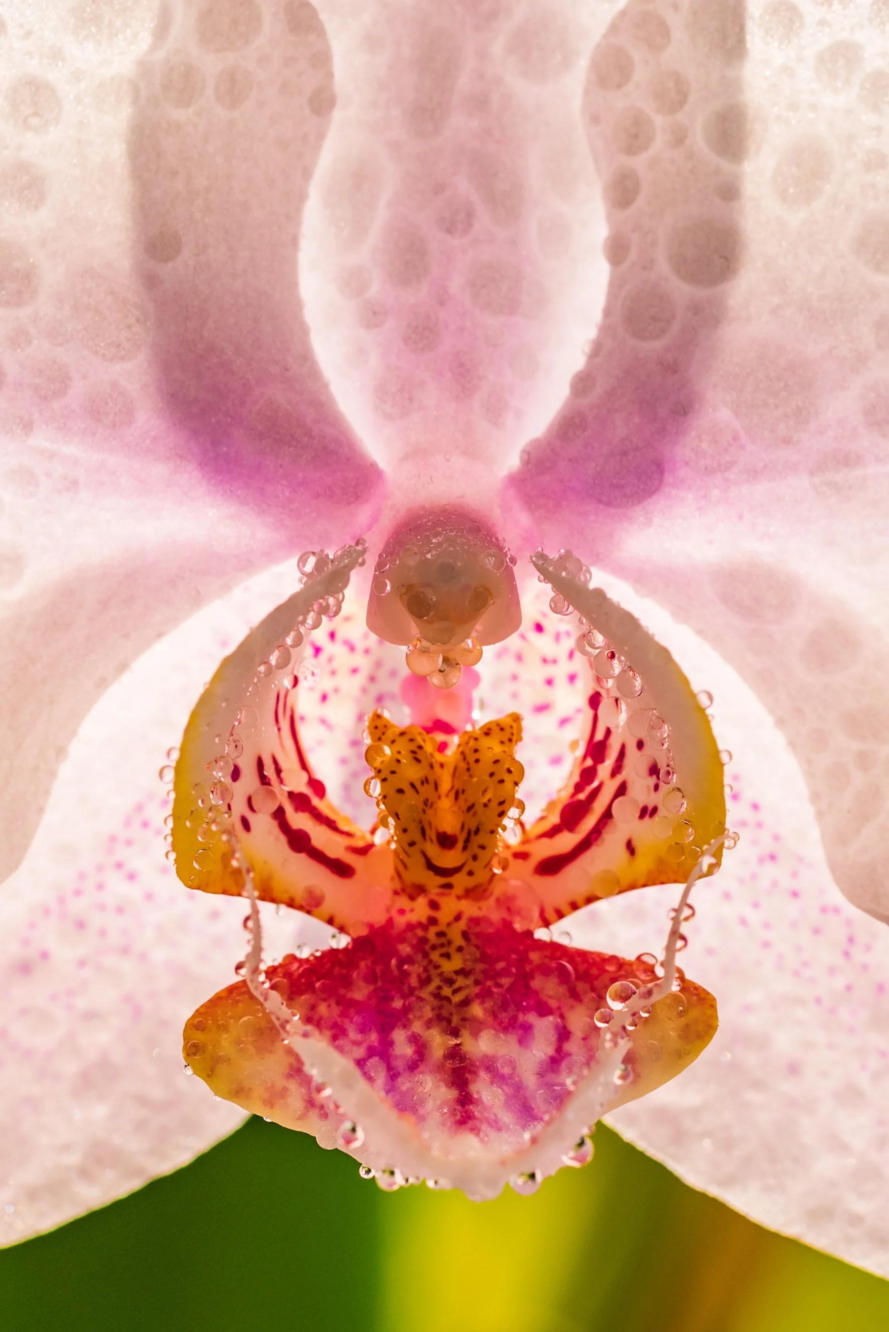 Close-up of a pink and white orchid flower with yellow and red markings, droplets of water on the petals, and a green blurred background.
