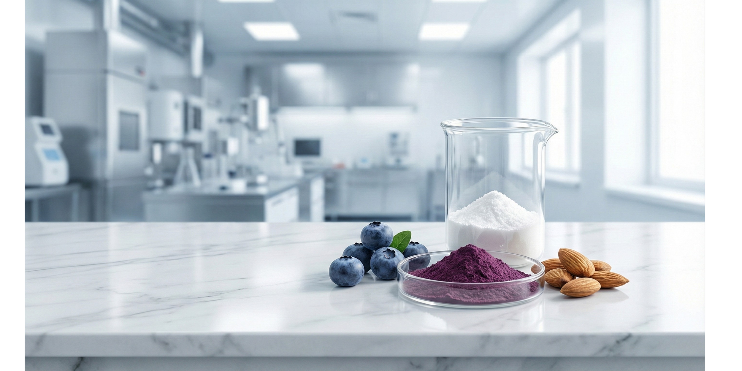 Blauwe bosbessen, een tak met bladeren, paarse voedingskleurstof, witte poeder in een kandelaar, amandelen op een witte marmeren tafel in een laboratorium.