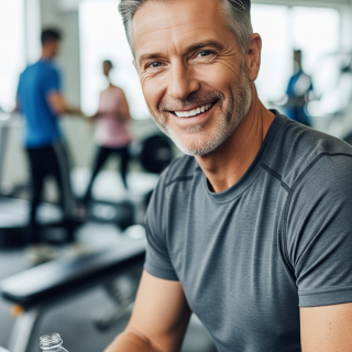 Smiling middle-aged man at the gym, with blurred people exercising in the background.