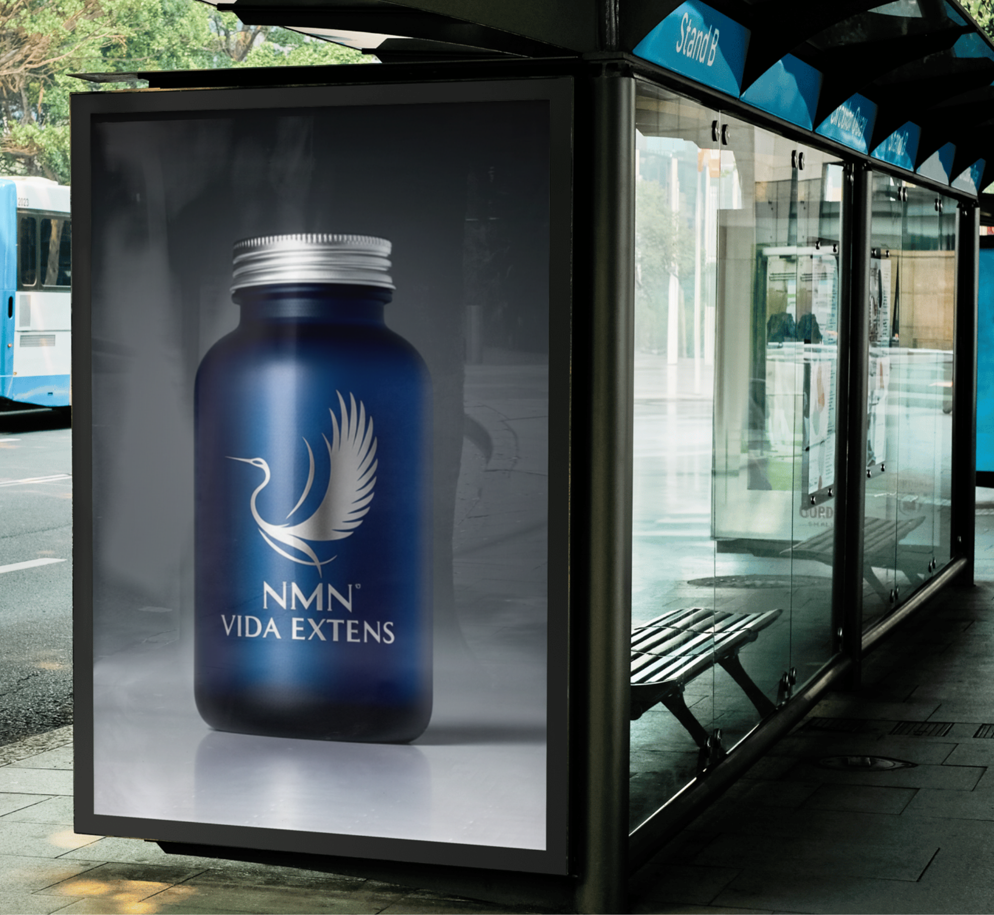 Advertisement for NMN Vida Extens dietary supplement featuring a blue bottle with a silver cap and a bird logo.