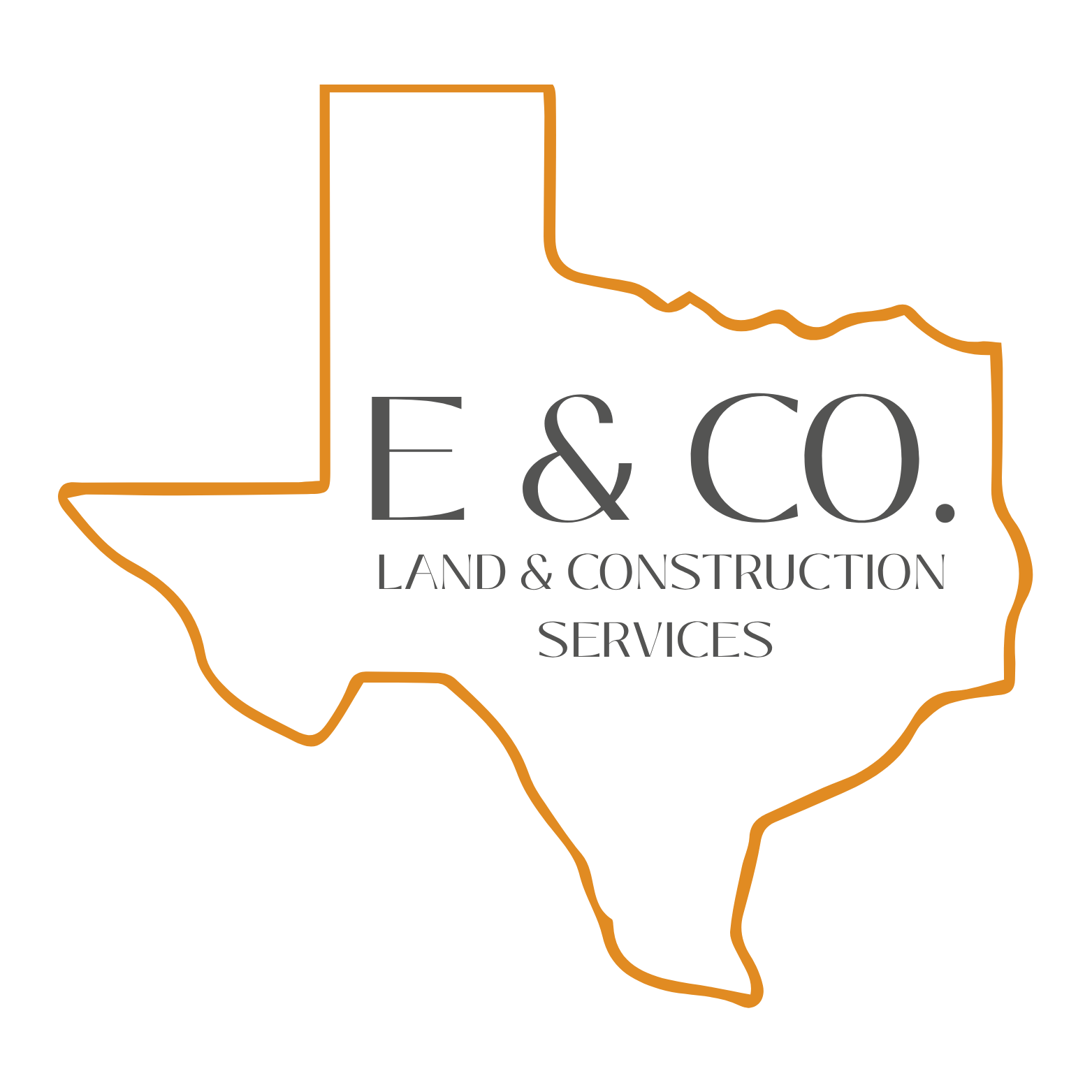 Outline of the state of Texas with the text "E & CO. LAND & CONSTRUCTION SERVICES" inside.