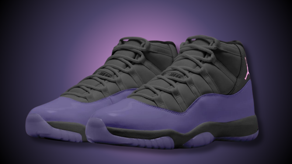 A pair of black and purple high-top basketball shoes with the Jumpman logo illuminated in pink, displayed on a gradient background.