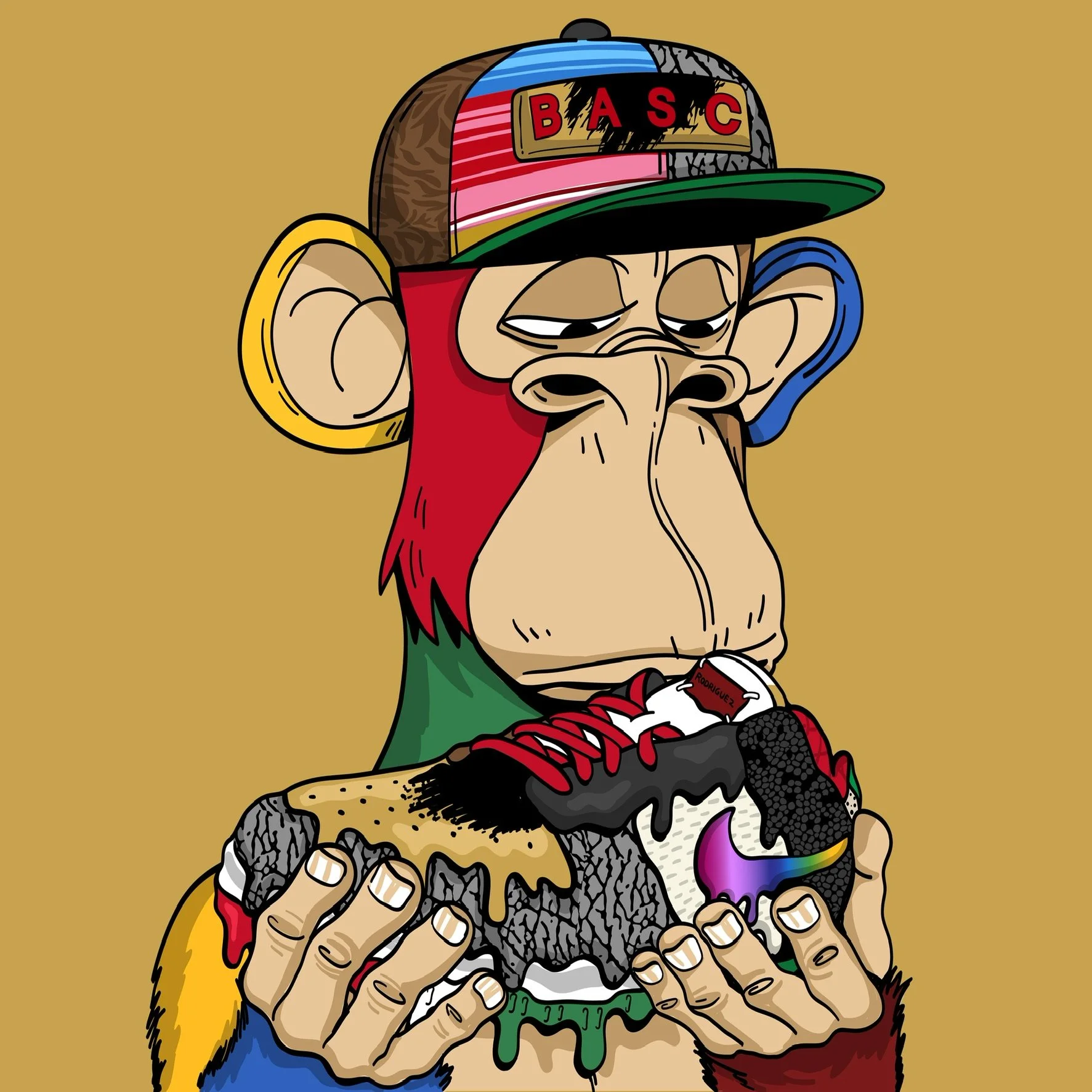 A cartoon of a monkey wearing a colorful cap with the letters 'BASC' and holding a large, colorful burger with various toppings.