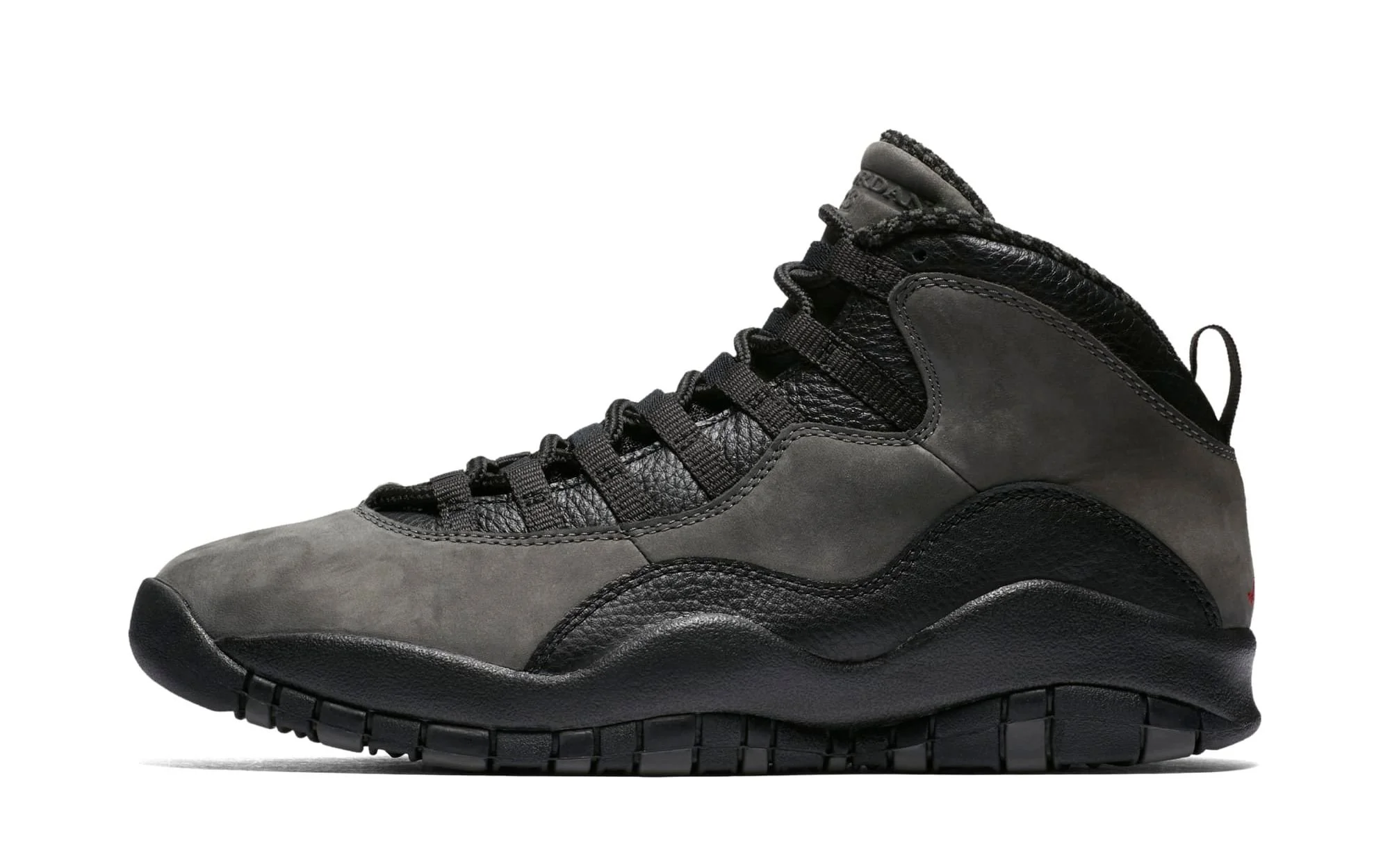 A black and gray high-top sneaker with a sleek design, textured materials, and a durable sole.