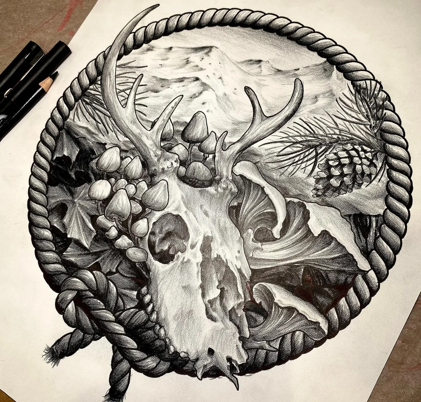 Finishing up a drawing I&rsquo;ve been slacking on.  It&rsquo;s been a minute.

#coquille #duluthmn #mntattooers  #deerskulldrawing #mushroomdrawing #duluthtattooartist #stippleshading  #solidtattoos