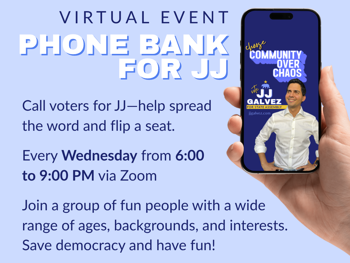 A graphic for Phone Banking for JJ every Wed 6-9 pm
