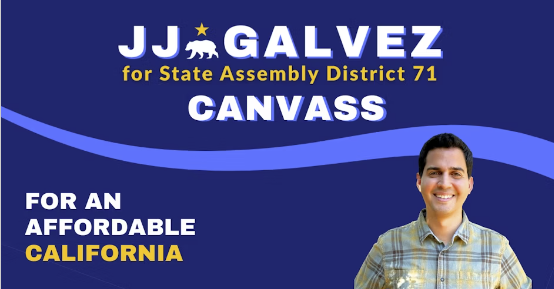 A graphic with a blue background and an image of JJ Galvez inviting supporters to sign up for campaign events.