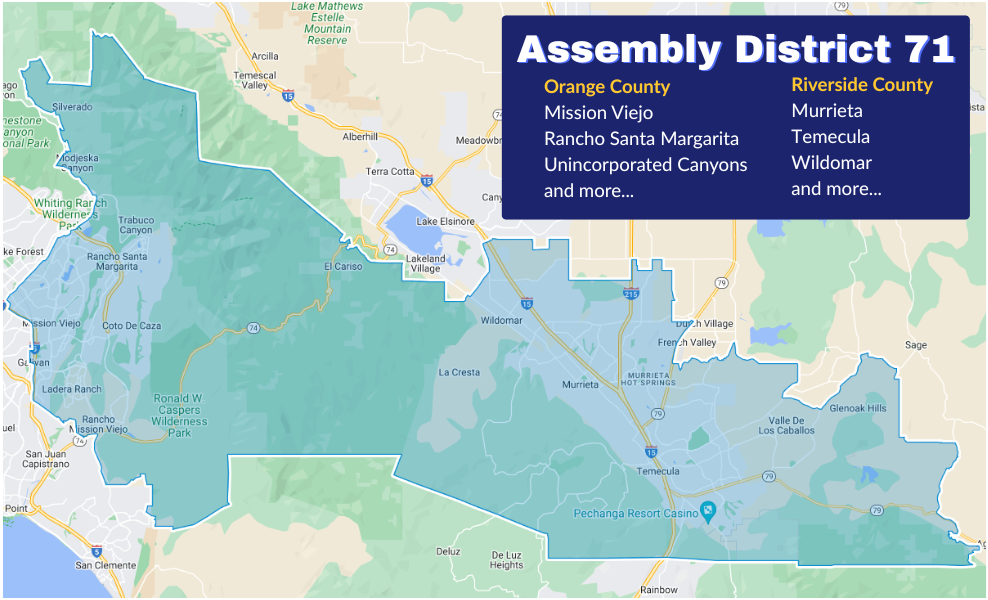 A map showing the territory of Assembly District 71 covering part of southern Orange County and part of western Riverside County.