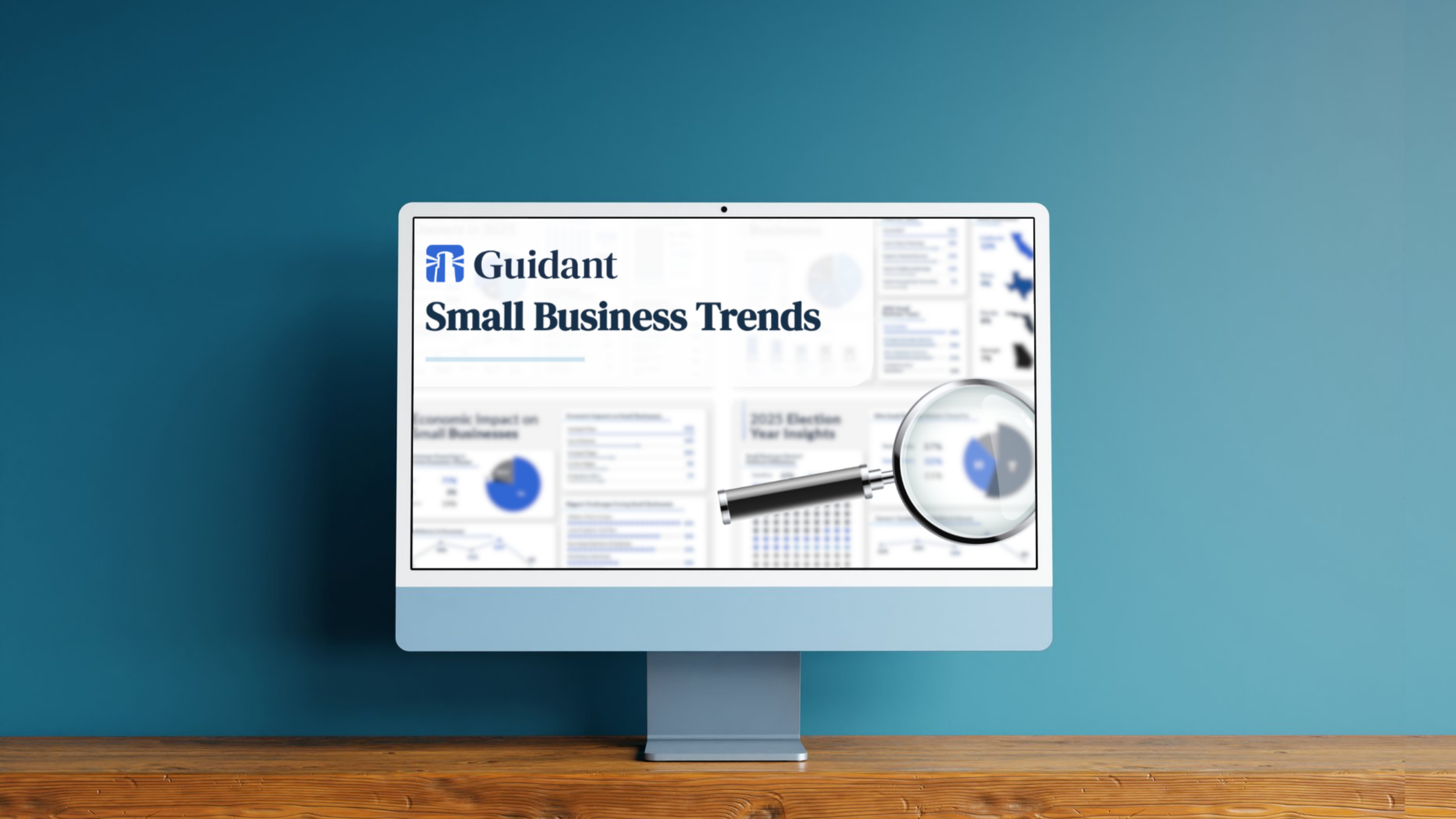 Computer monitor displaying a report titled 'Small Business Trends' with graphs and a magnifying glass in front.