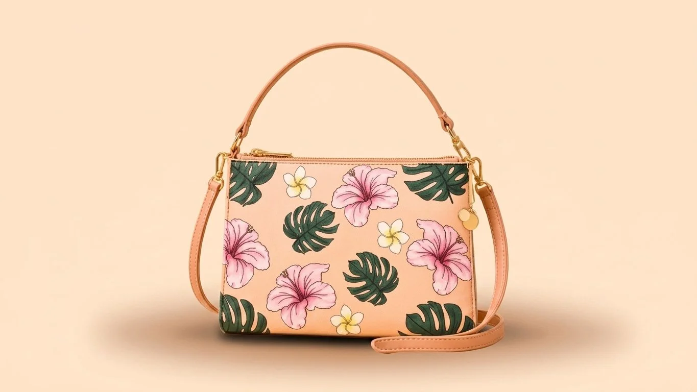 Pink handbag with tropical flower and leaf pattern on a beige background.