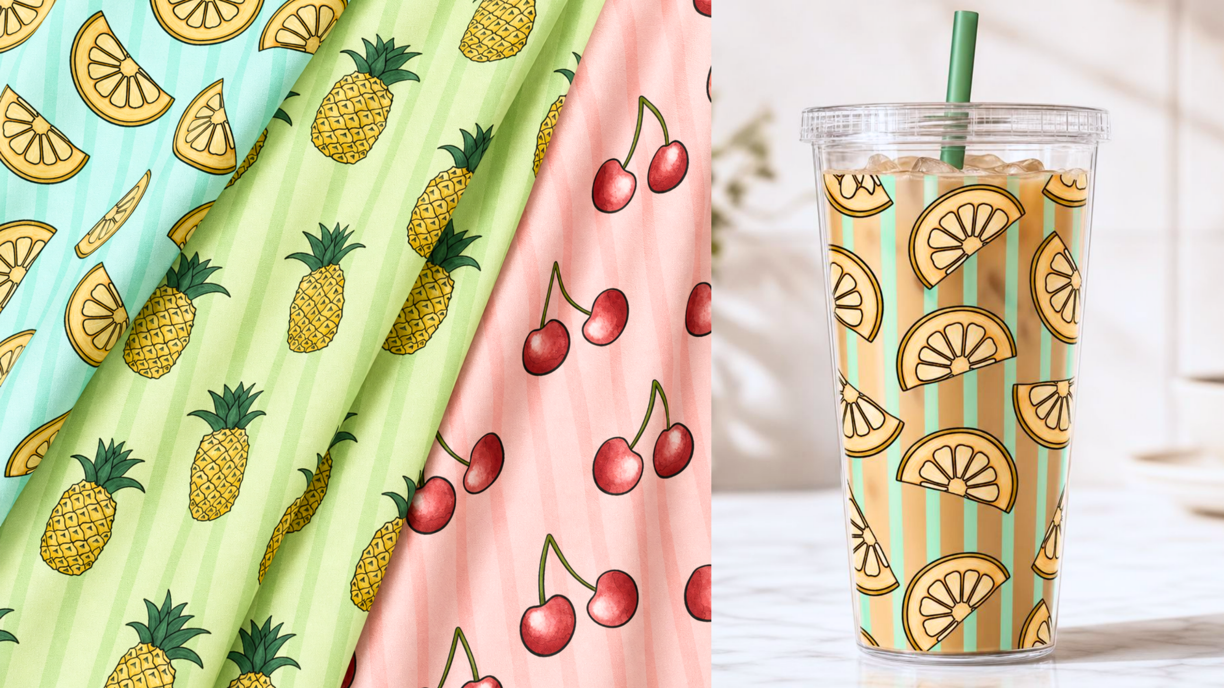 A glass of iced beverage with a green straw, decorated with pineapple and lemon slice patterns on the glass.