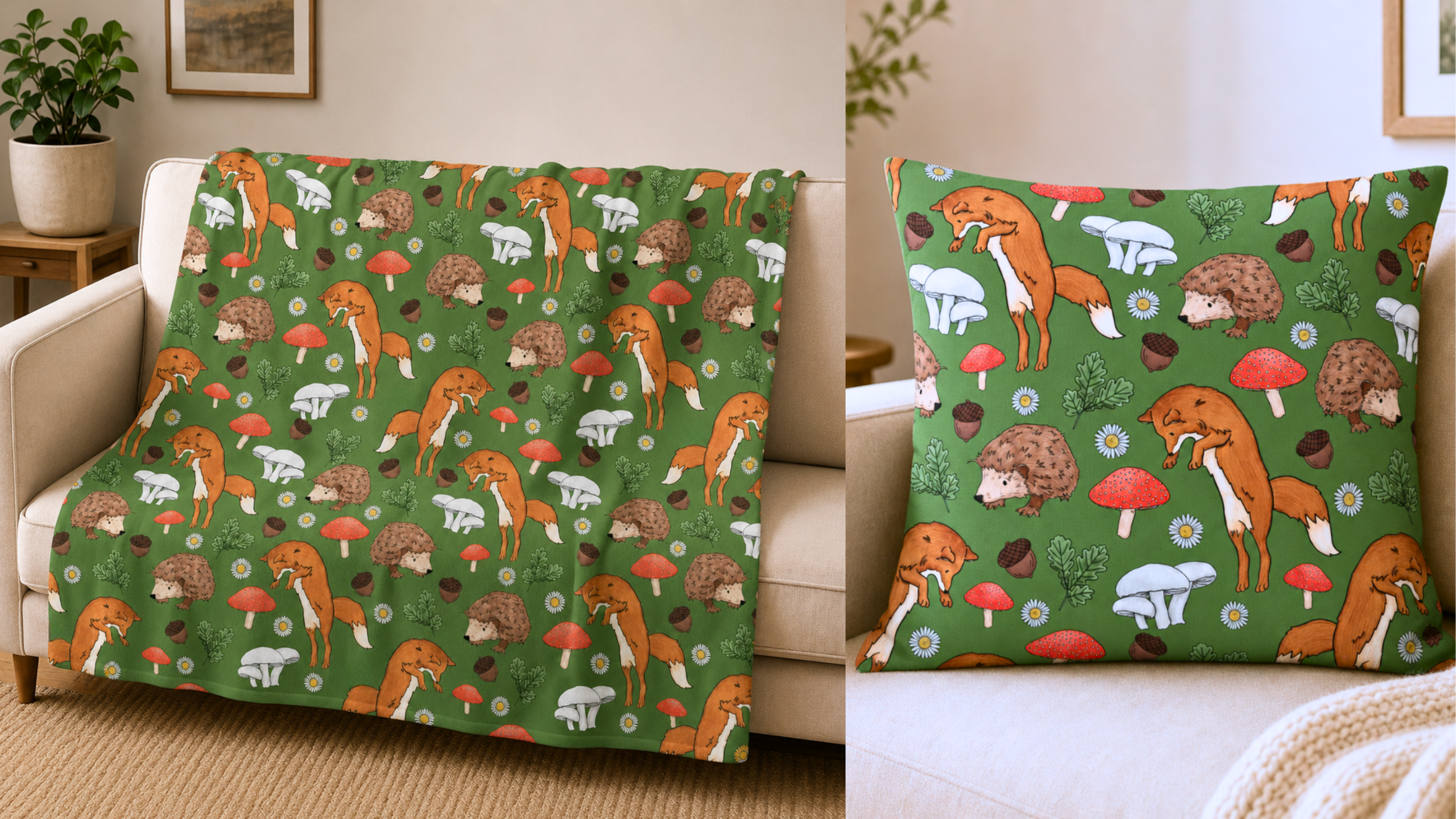 A sofa with a green forest-themed blanket or pillow cover featuring foxes, hedgehogs, mushrooms, and leaves. The scene includes a side table with a potted plant and framed pictures on the wall.